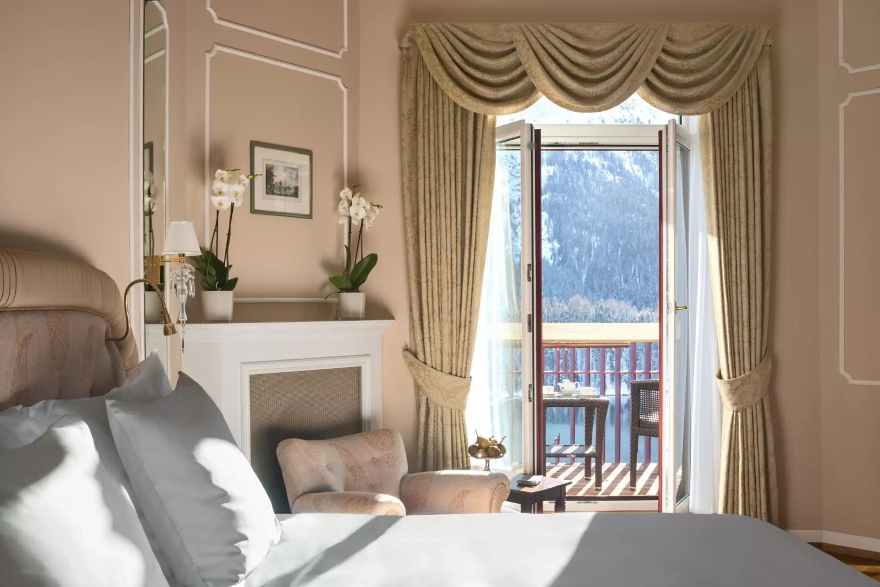 Balcony/Terrace, Bed in Badrutt's Palace Hotel St Moritz