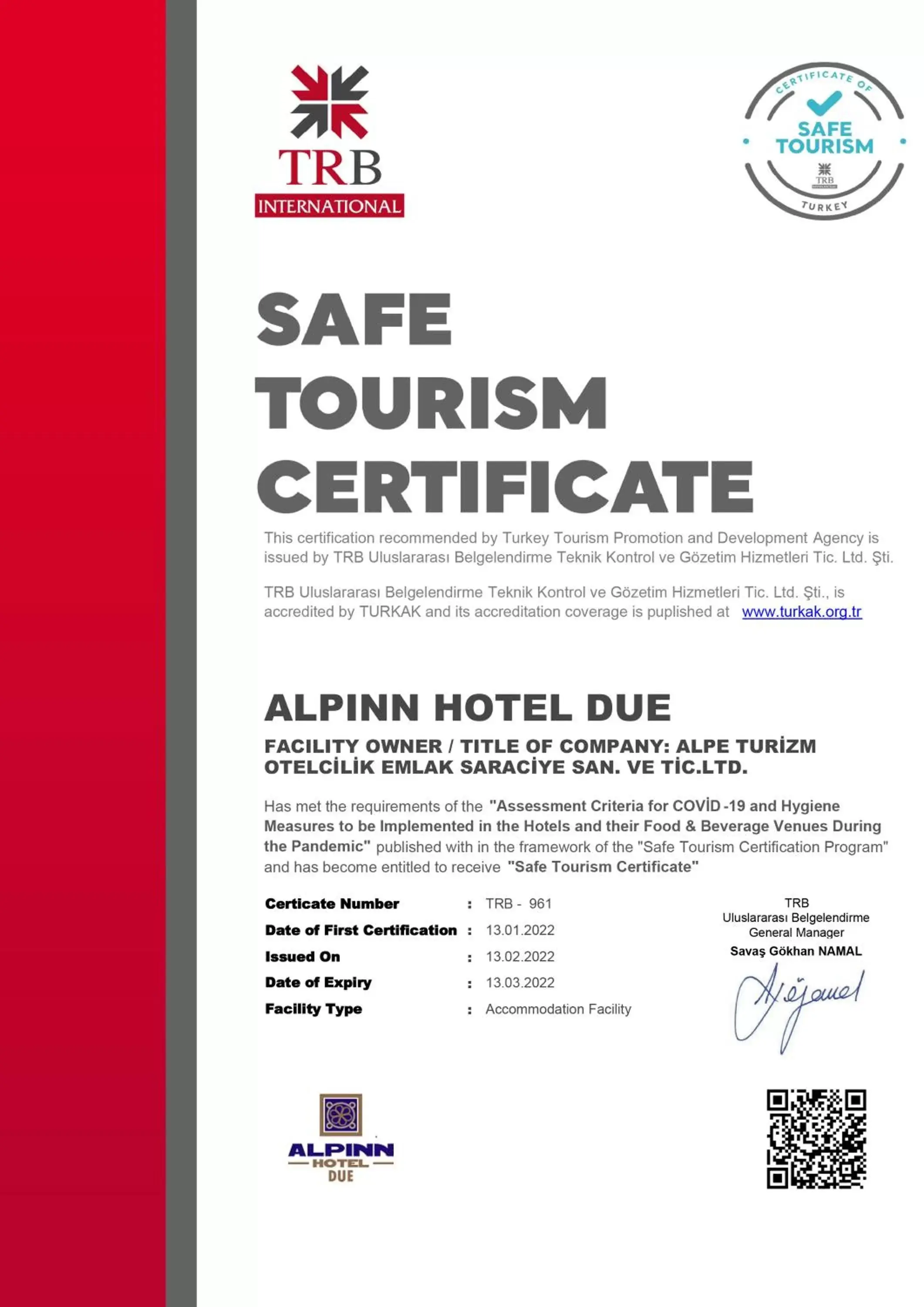 Certificate/Award in Alpinn Hotel DUE