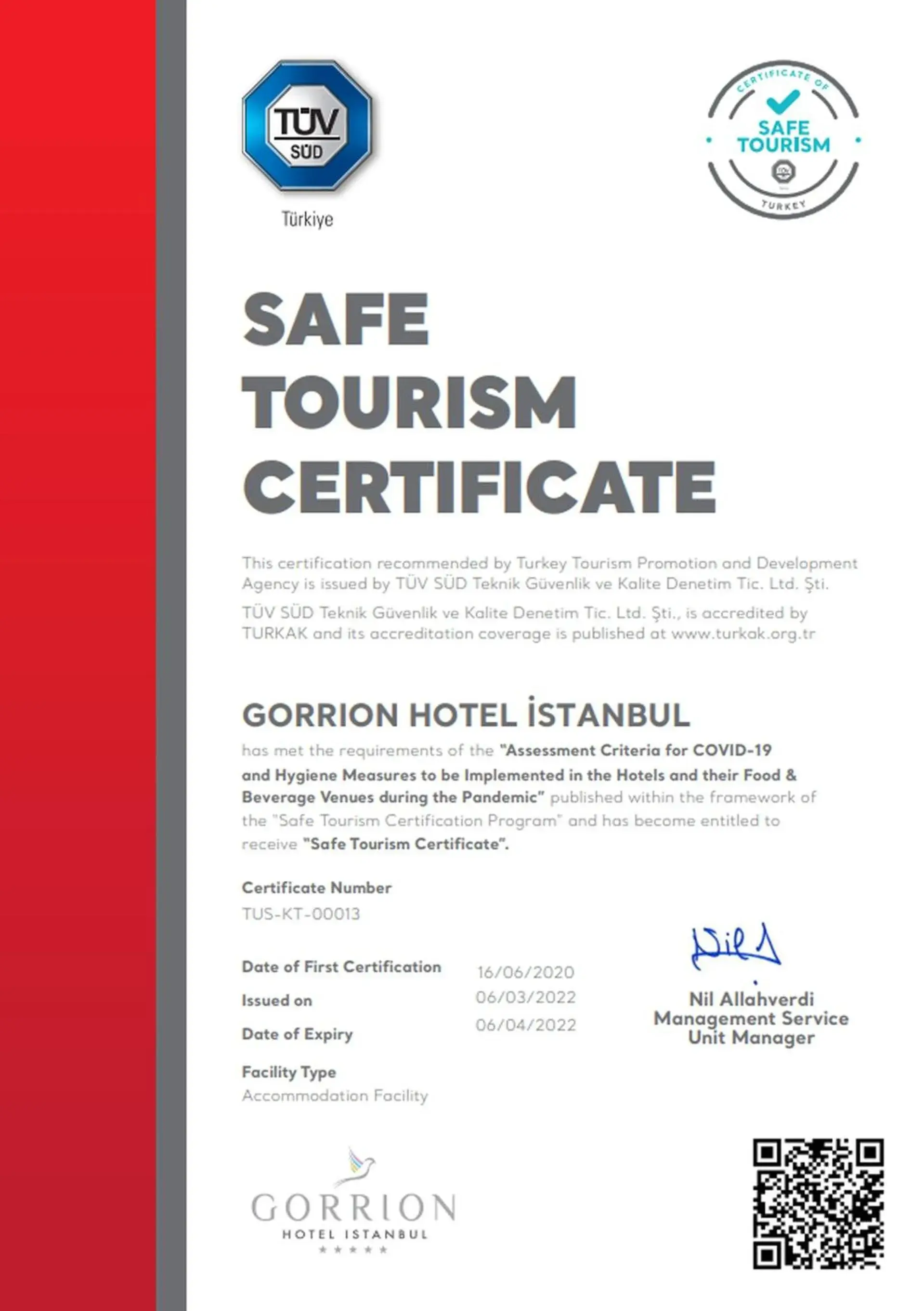 Certificate/Award in Gorrion Hotel Istanbul