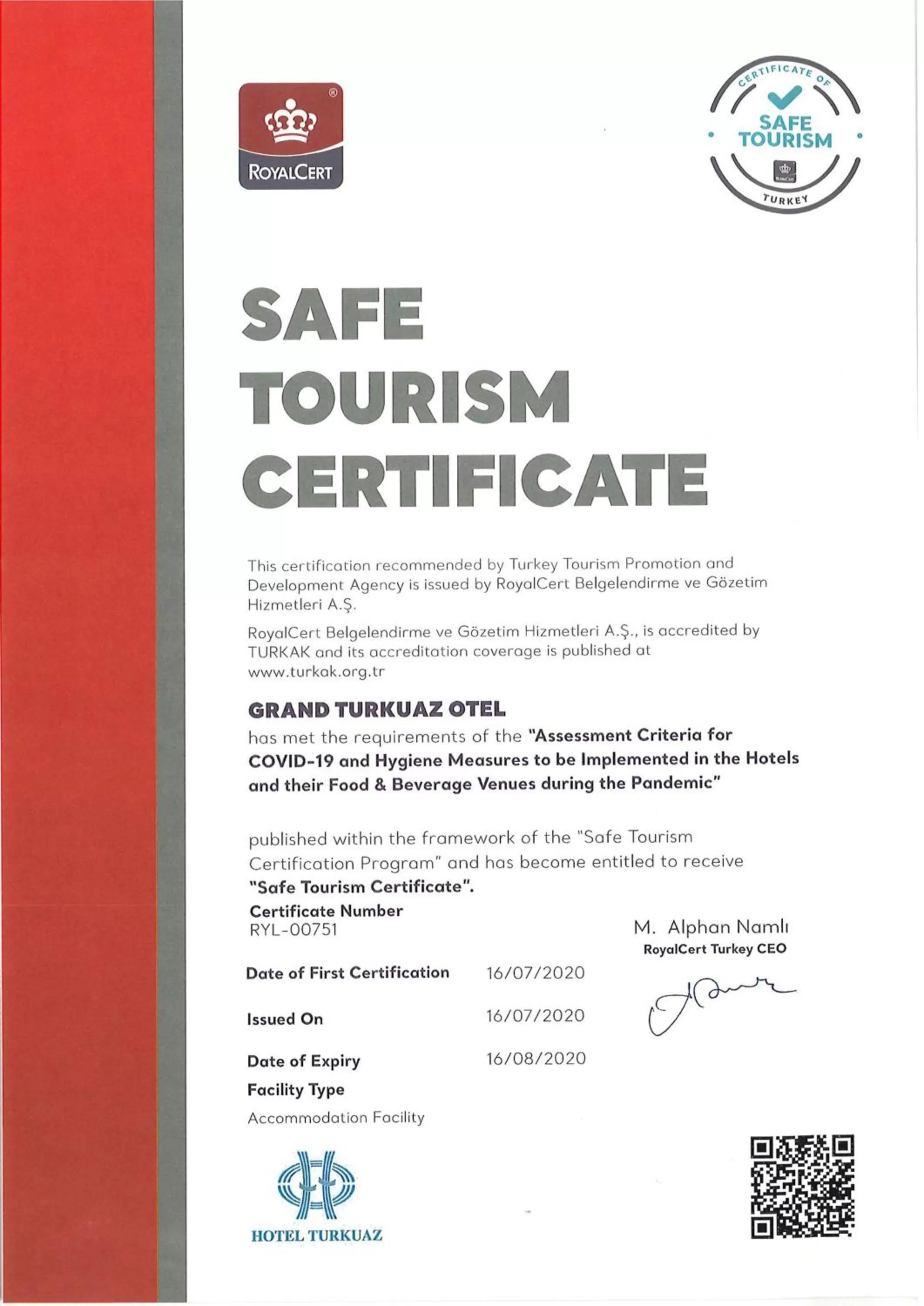 Logo/Certificate/Sign in Grand Turkuaz Hotel