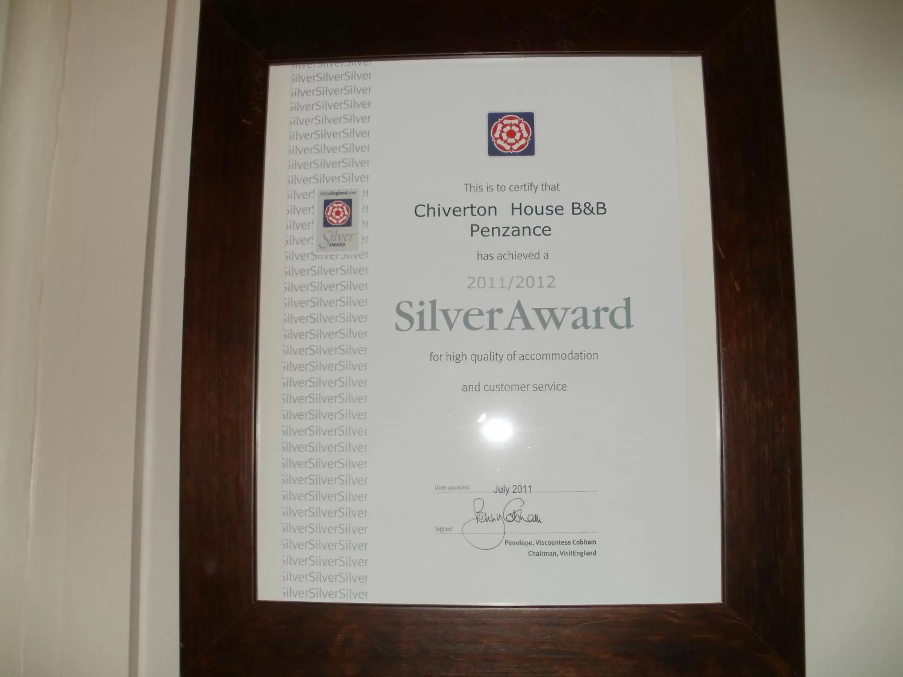 Certificate/Award in Chiverton House Guest Accommodation