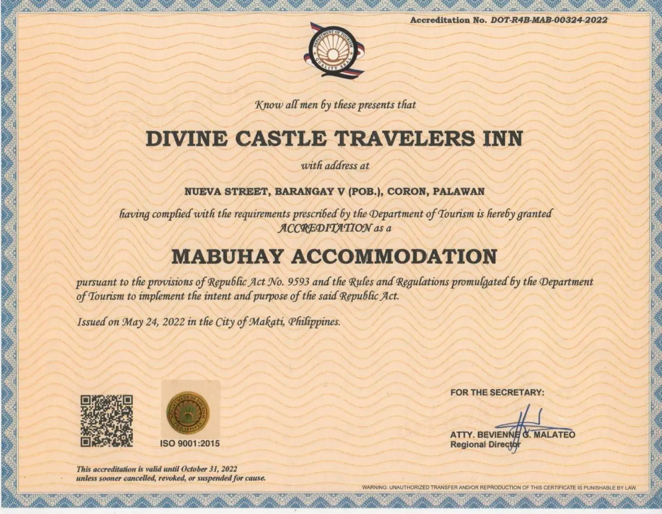 Certificate/Award in Divine Castle Travelers Inn