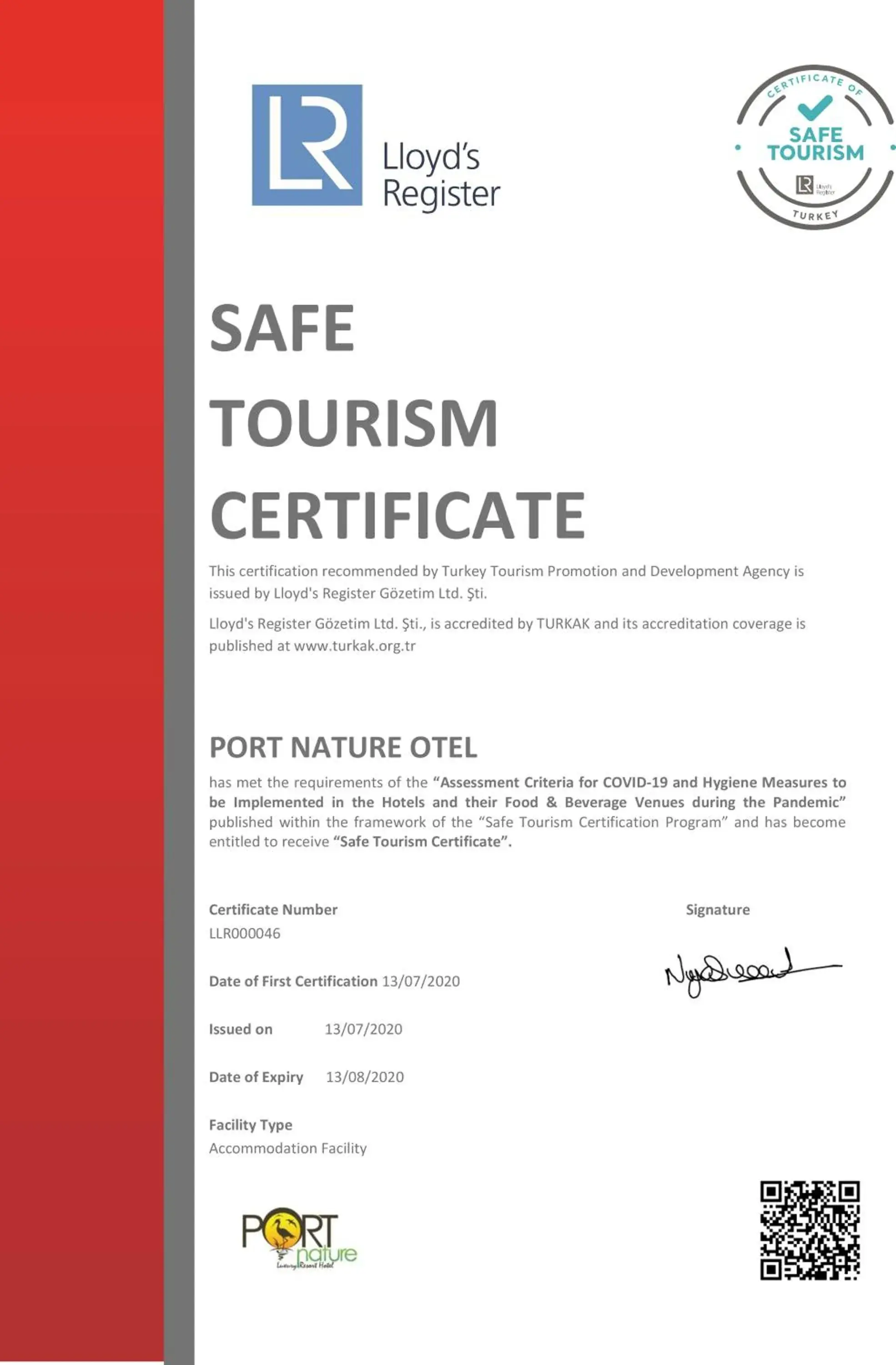 Certificate/Award in Port Nature Luxury Resort