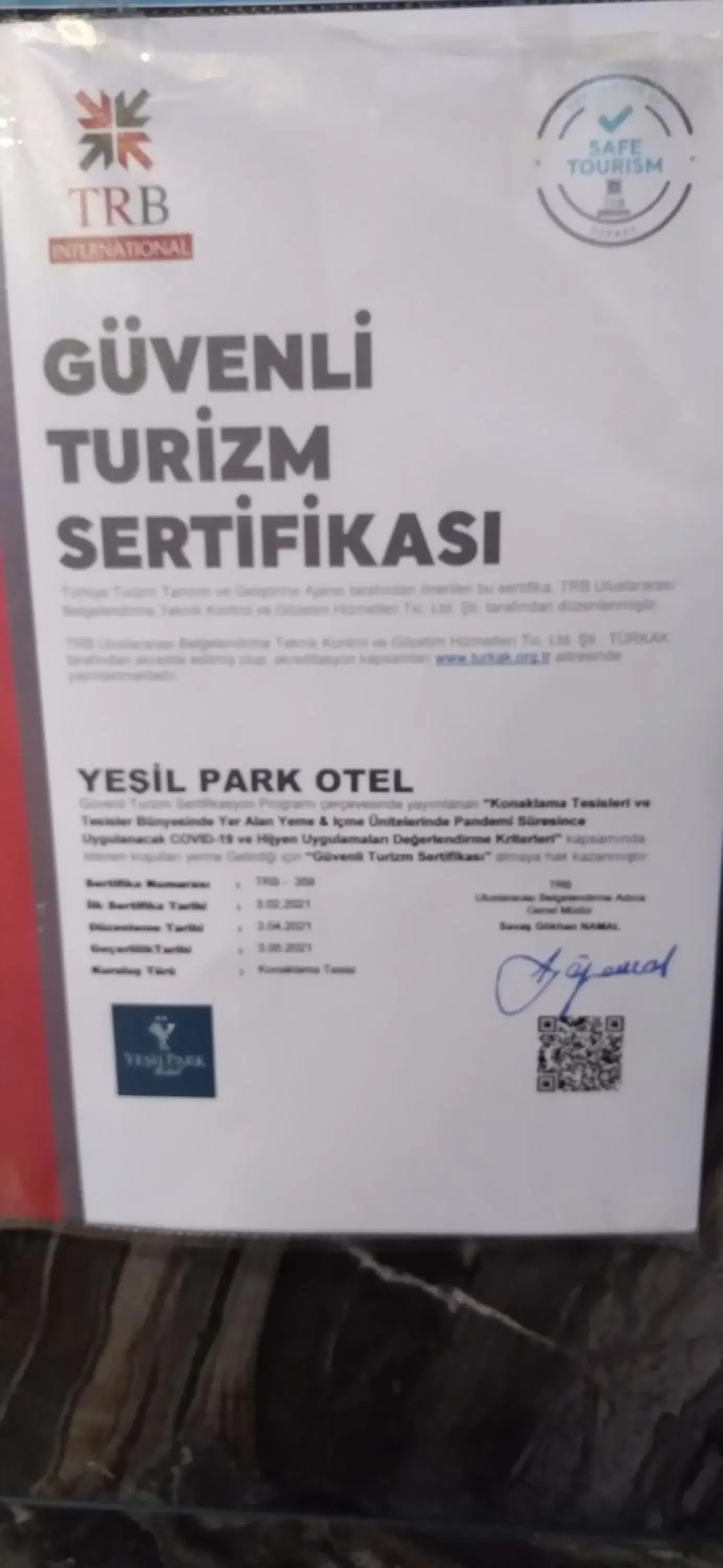Certificate/Award in Hotel Yesilpark