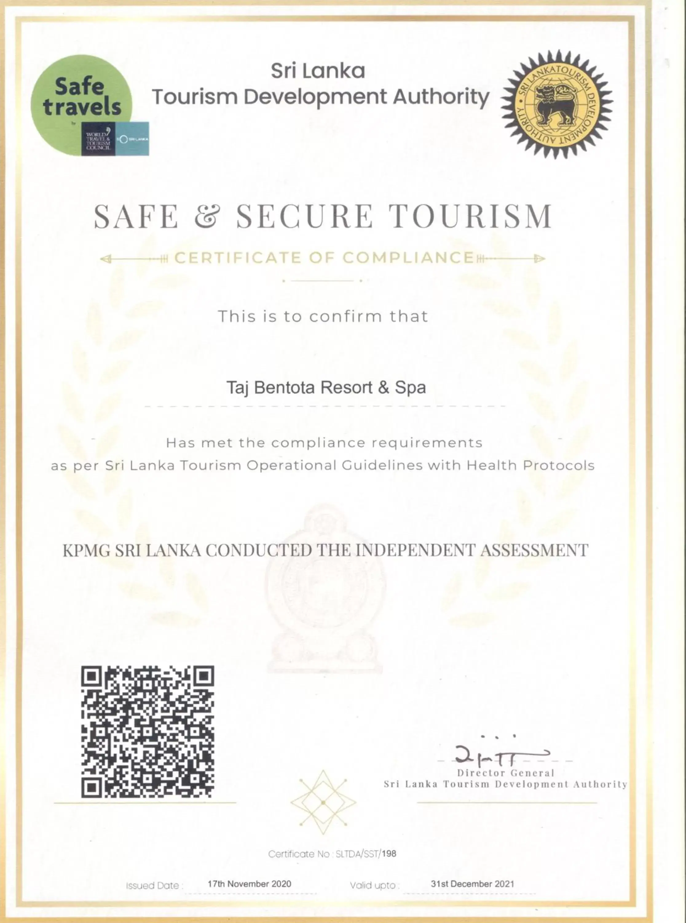 Certificate/Award in Taj Bentota Resort & Spa