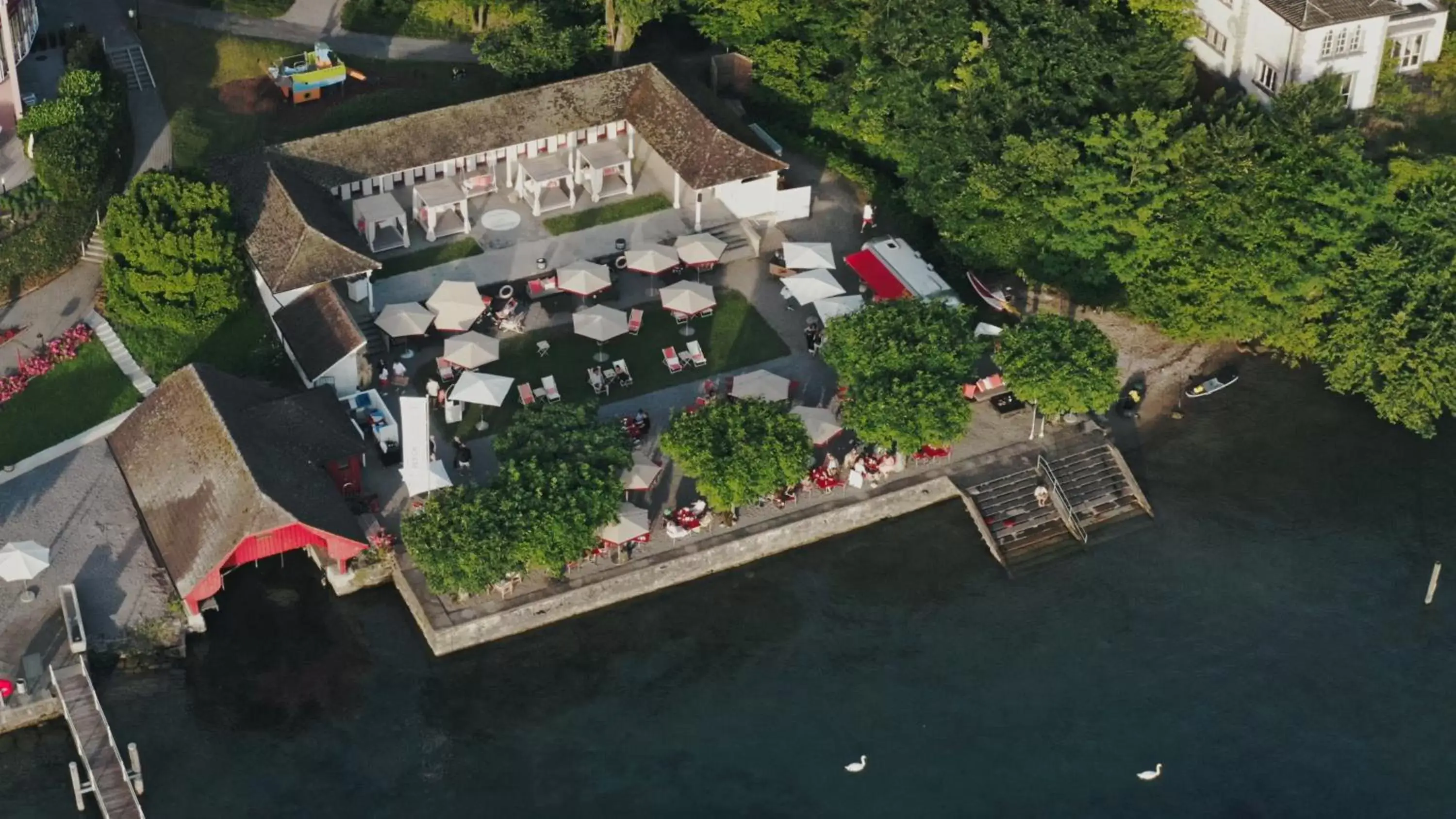 Restaurant/places to eat, Bird's-eye View in HERMITAGE Lake Lucerne - Beach Club & Lifestyle Hotel