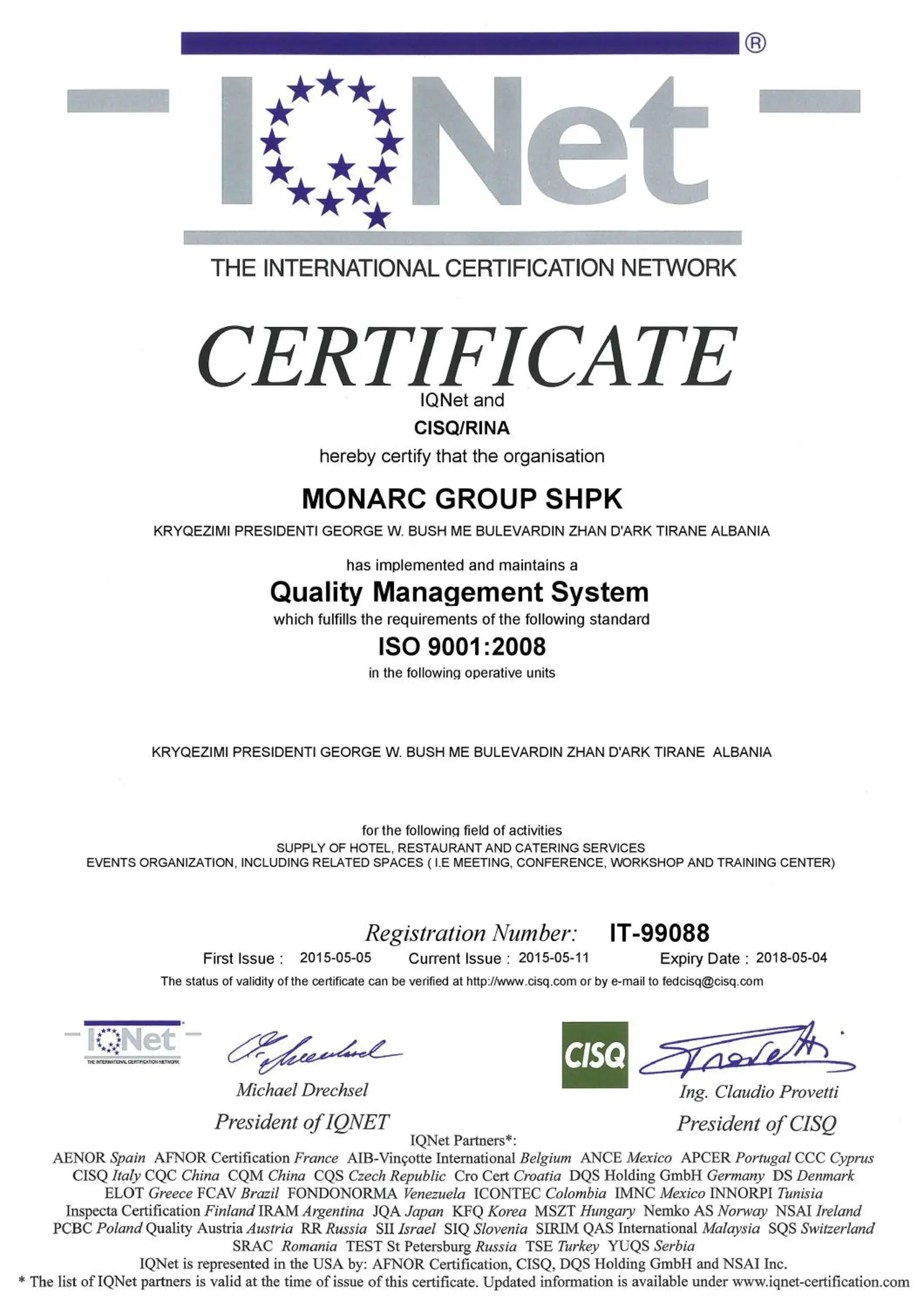 Certificate/Award in MonarC Hotel