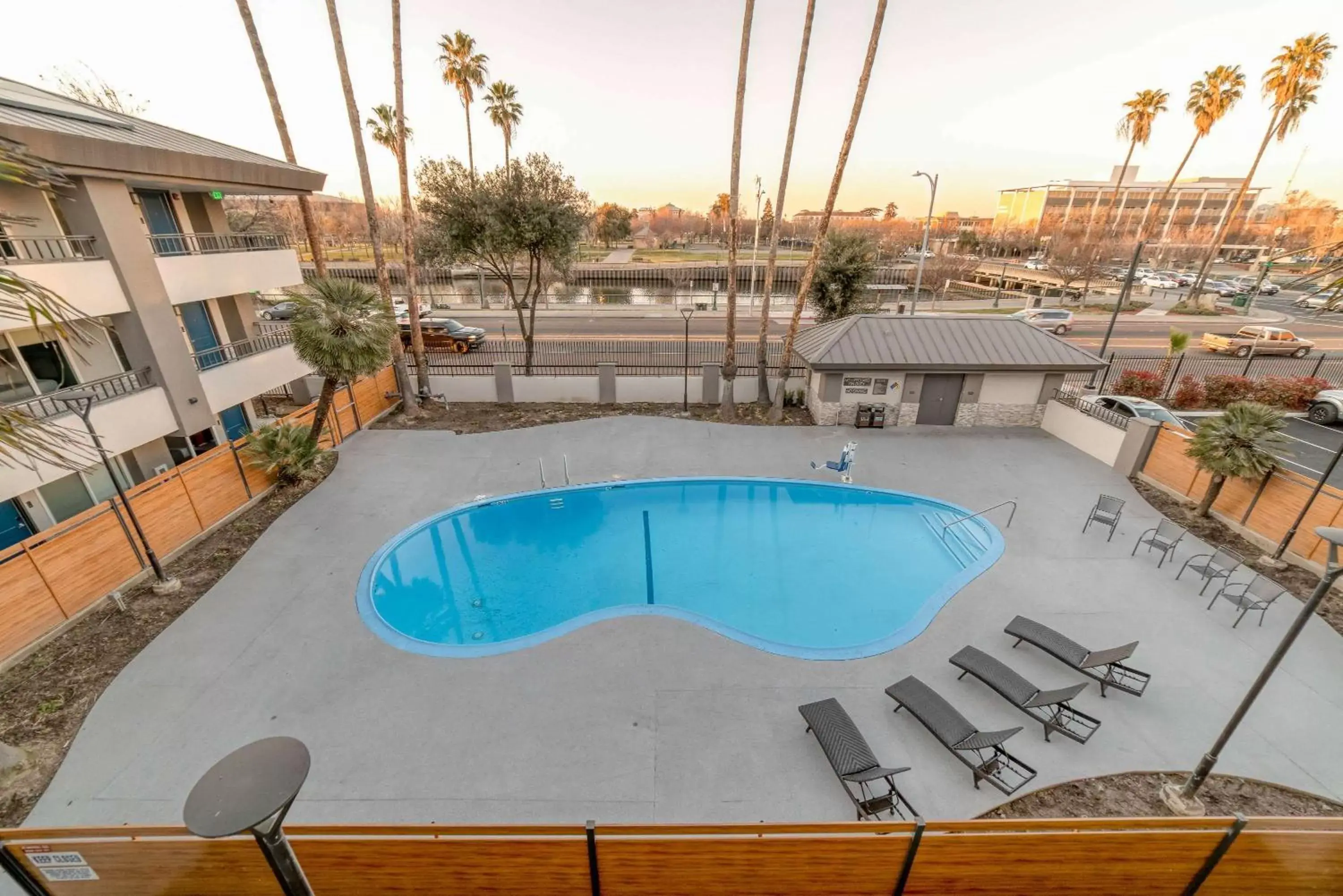 Pool View in Studio 6 Suites Stockton, CA Waterfront