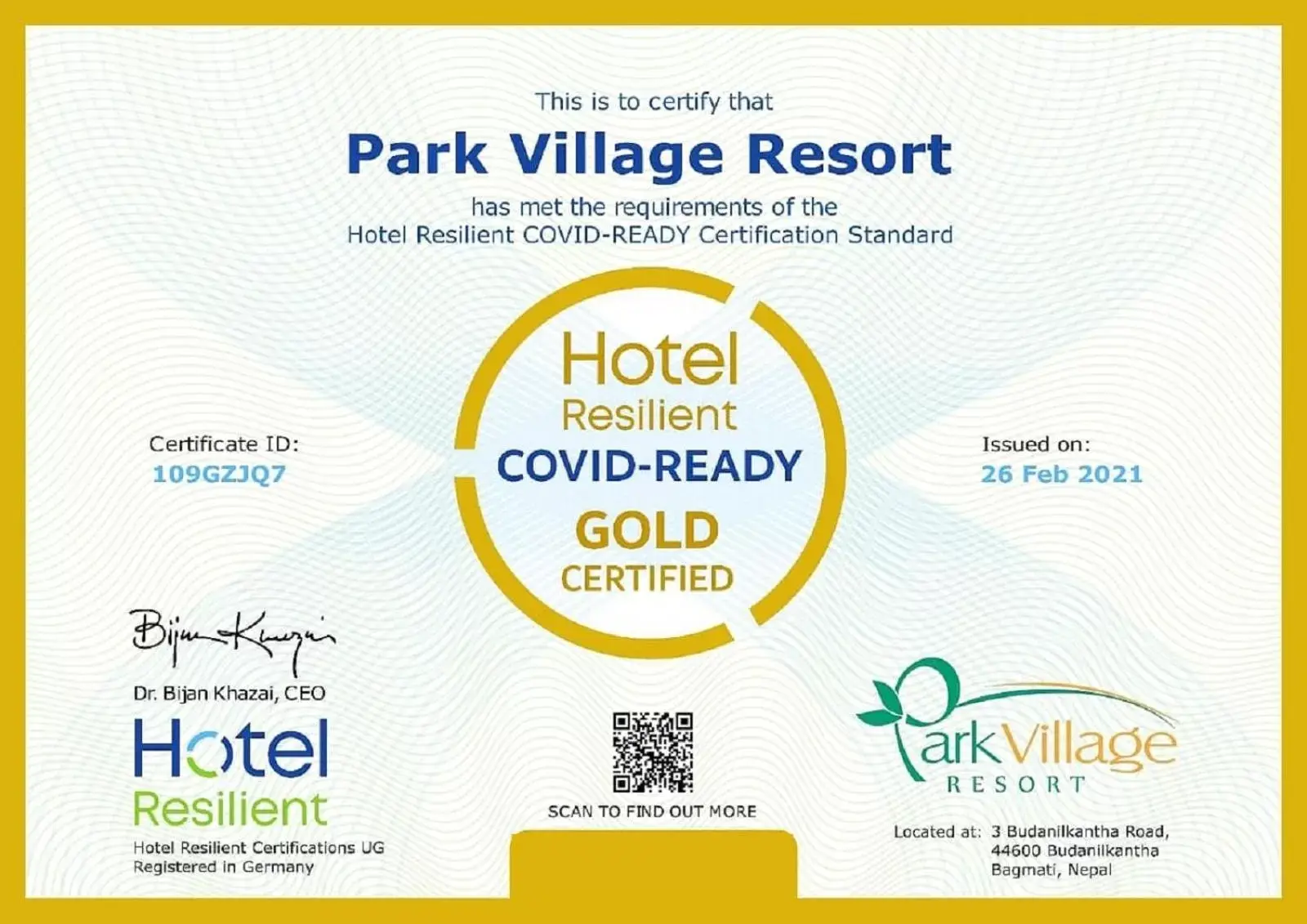 Certificate/Award in Park Village Resort by KGH Group