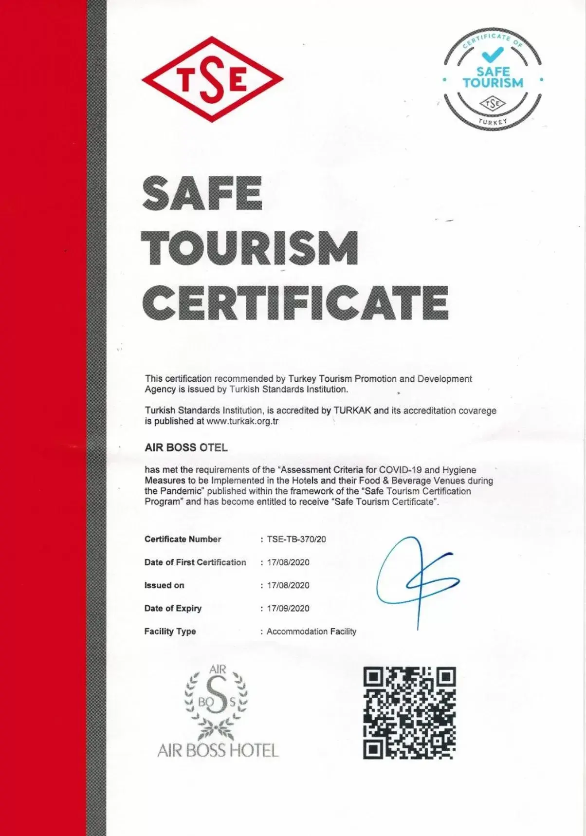 Certificate/Award in Air Boss Istanbul Airport and Fair Hotel