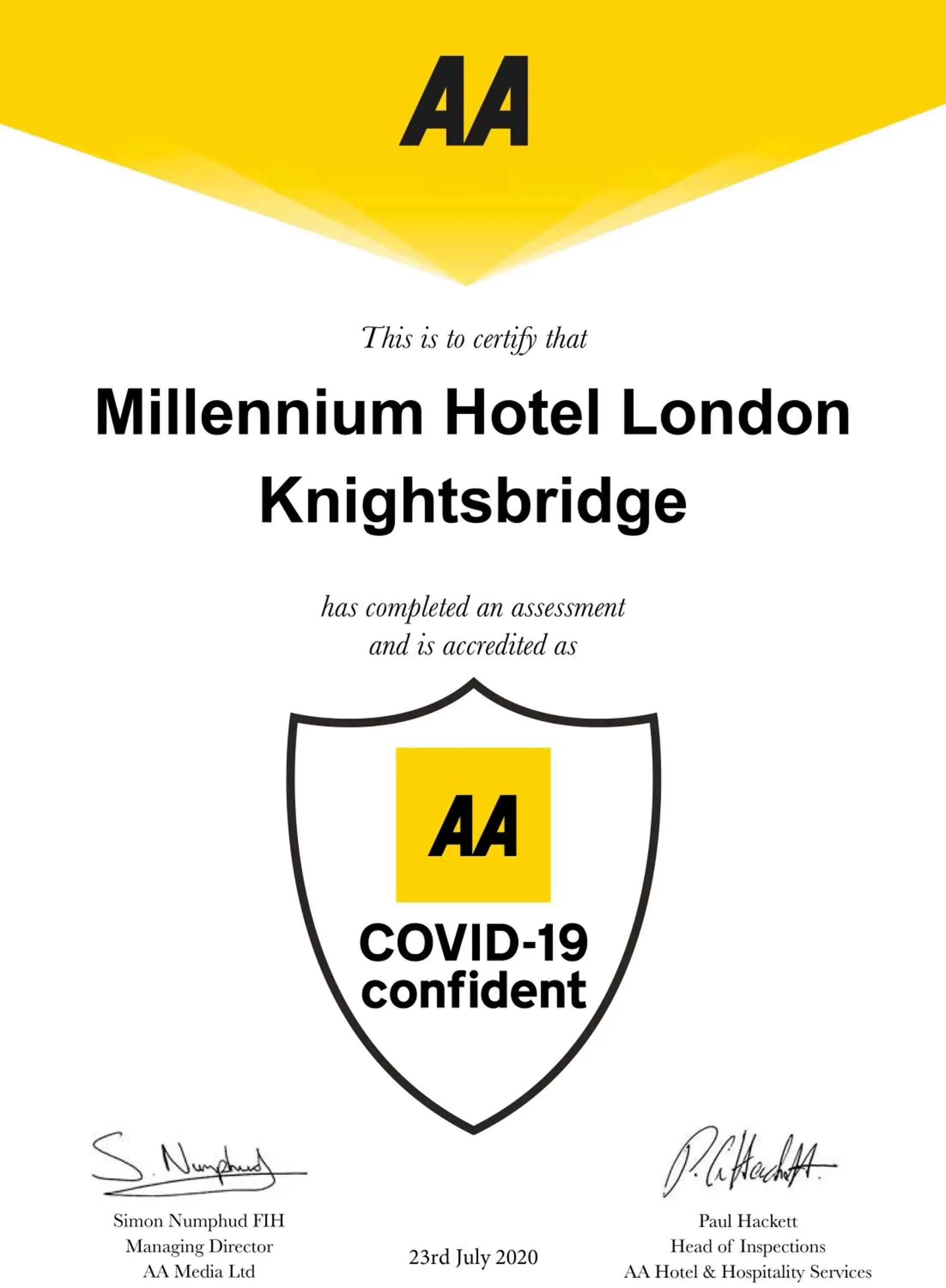 Certificate/Award in Millennium Hotel London Knightsbridge
