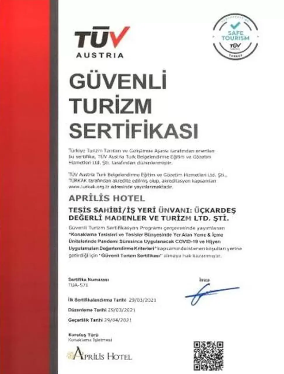 Certificate/Award in Aprilis Hotel - Special Category