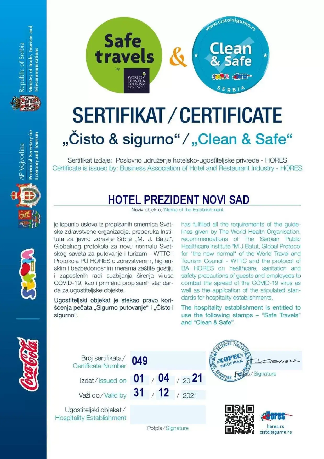 Certificate/Award in Prezident Hotel Certificate/Award in Prezident Hotel
