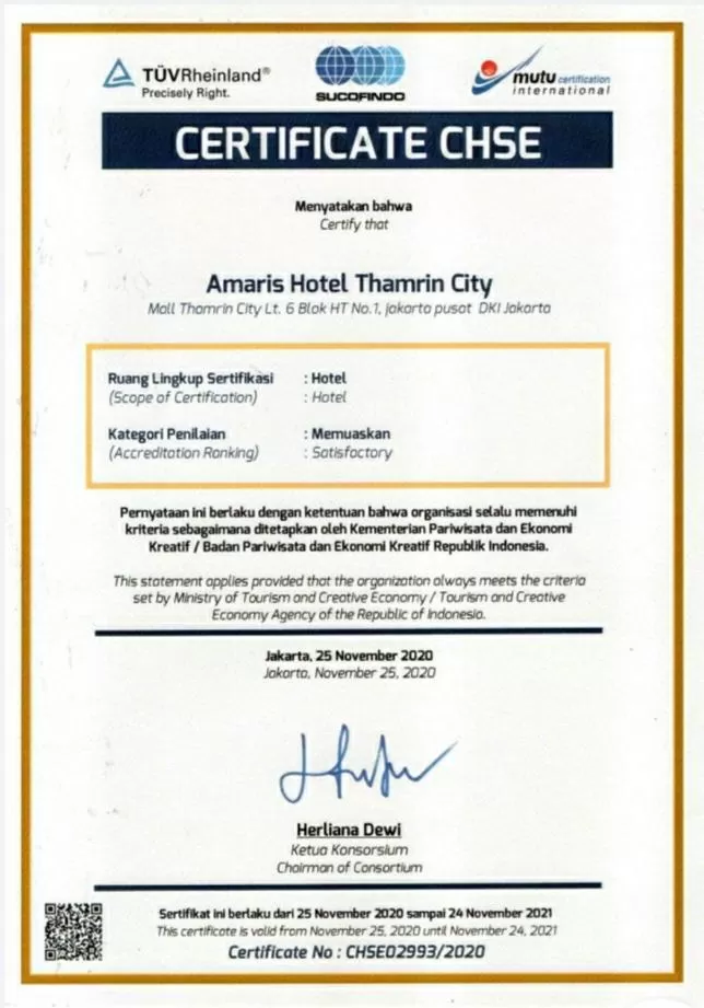 Certificate/Award in Amaris Hotel Thamrin City