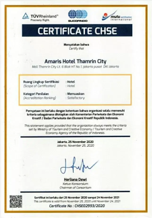 Certificate/Award in Amaris Thamrin City Hotel