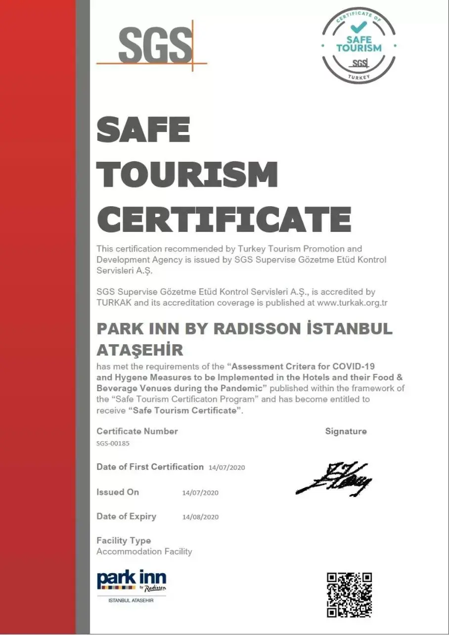 Certificate/Award in Park Inn by Radisson Istanbul Atasehir