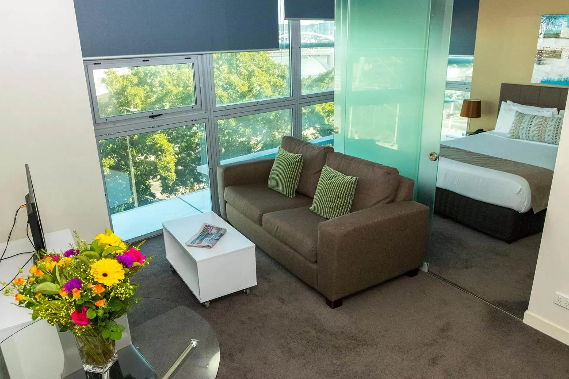 Living room, Bed in Evolution Apartments