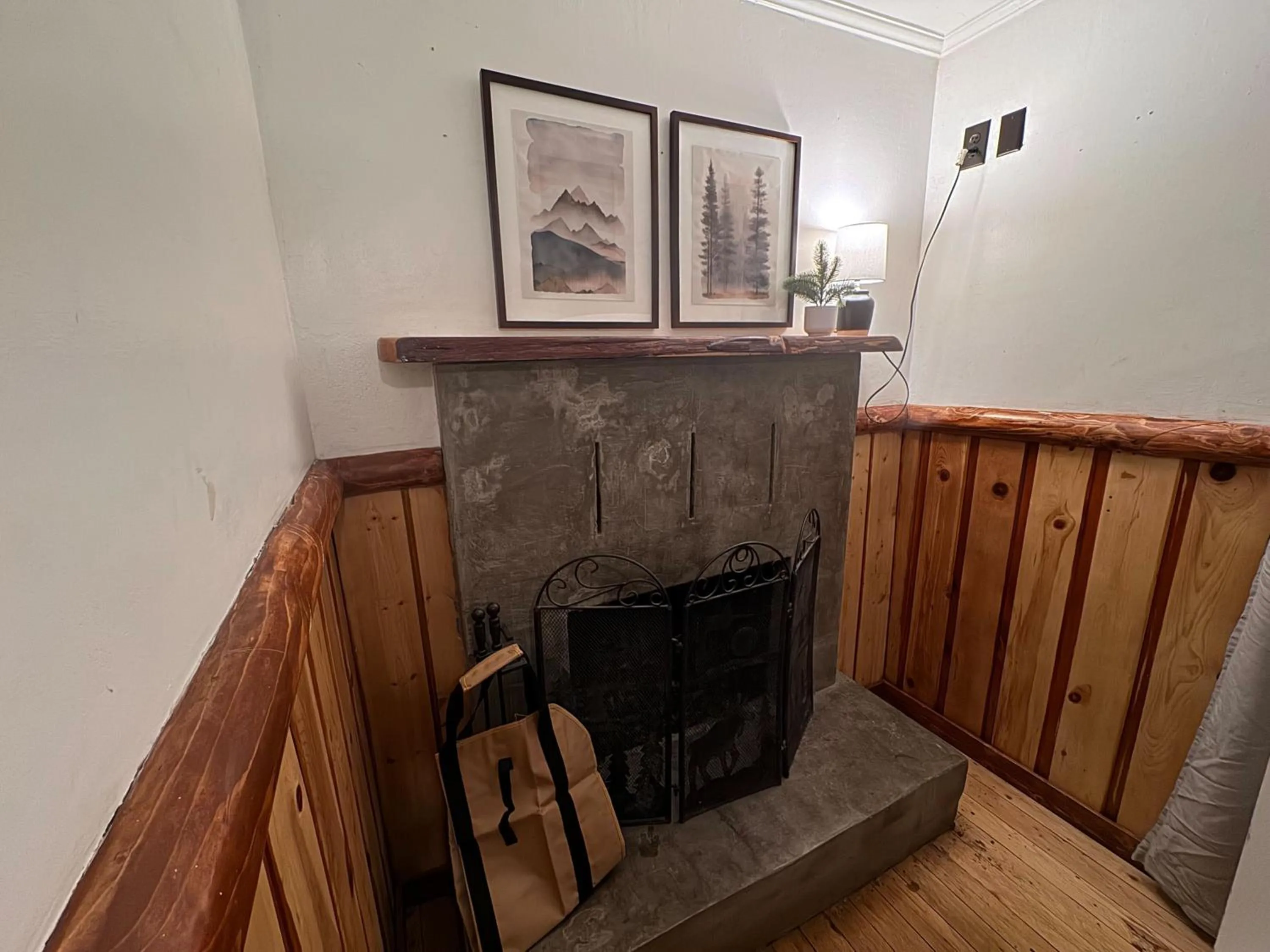 fireplace in Three Pines Cabins