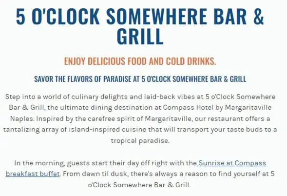 Restaurant/places to eat in Compass by Margaritaville Hotel Naples Restaurant/places to eat in Compass by Margaritaville Hotel Naples