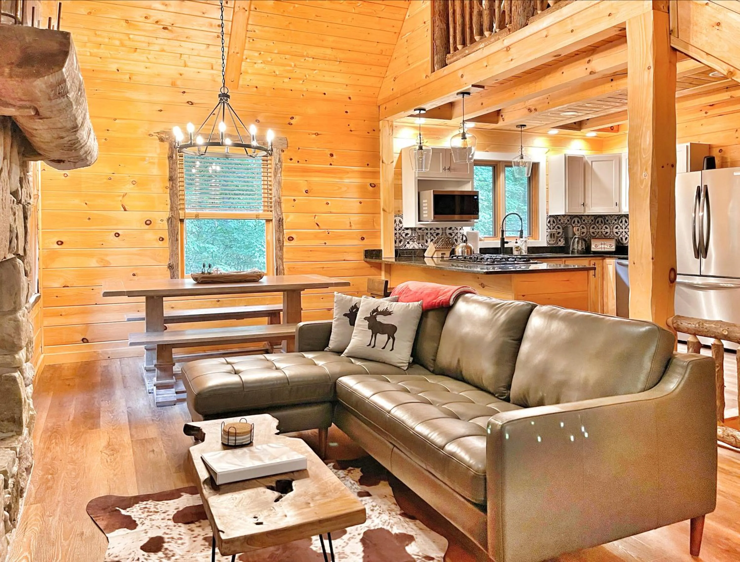 Living room in Adirondack Mountain Cabin with Hot Tub, Near Whiteface, Lake Placid, Fire Pit, Game Rm