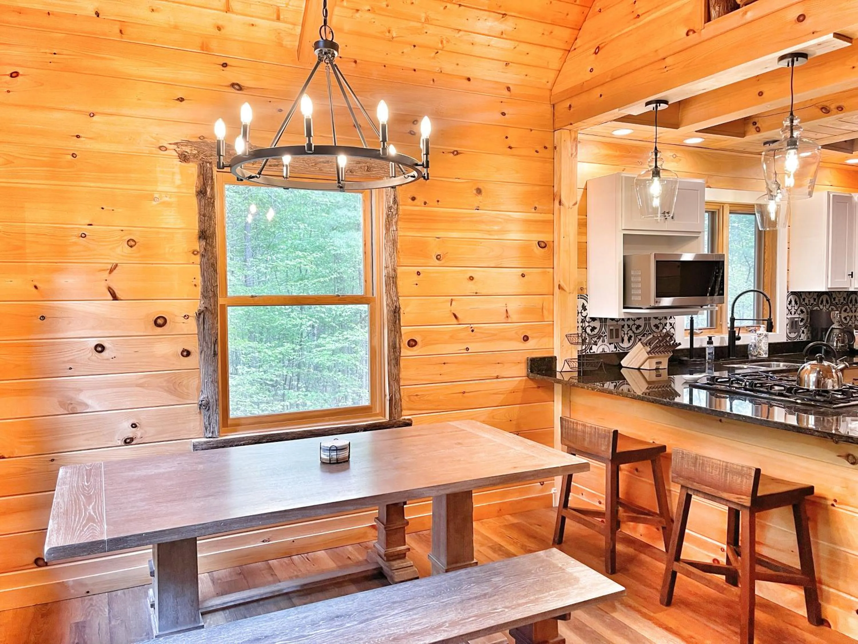 Dining area in Adirondack Mountain Cabin with Hot Tub, Near Whiteface, Lake Placid, Fire Pit, Game Rm