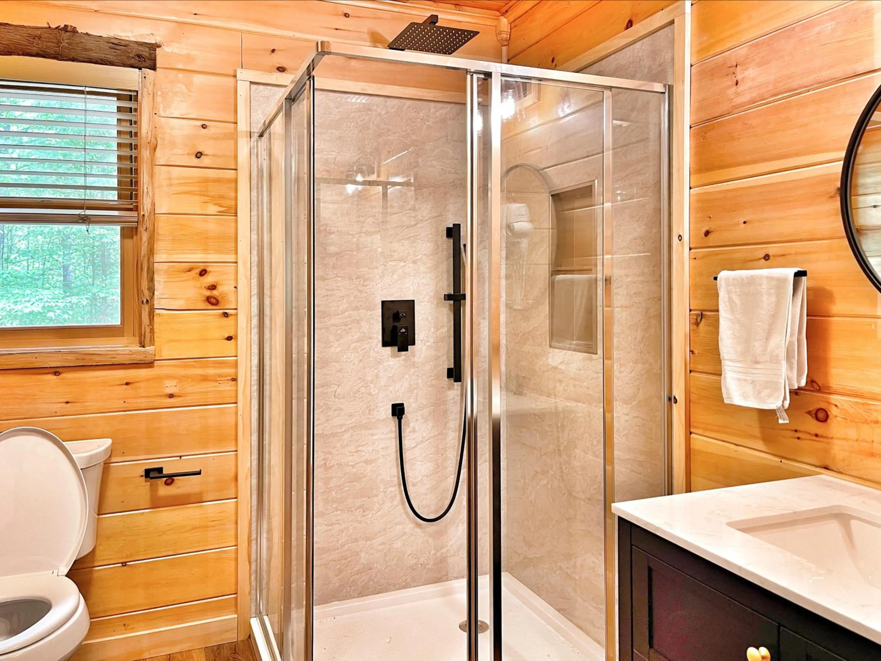 Shower in Adirondack Mountain Cabin with Hot Tub, Near Whiteface, Lake Placid, Fire Pit, Game Rm