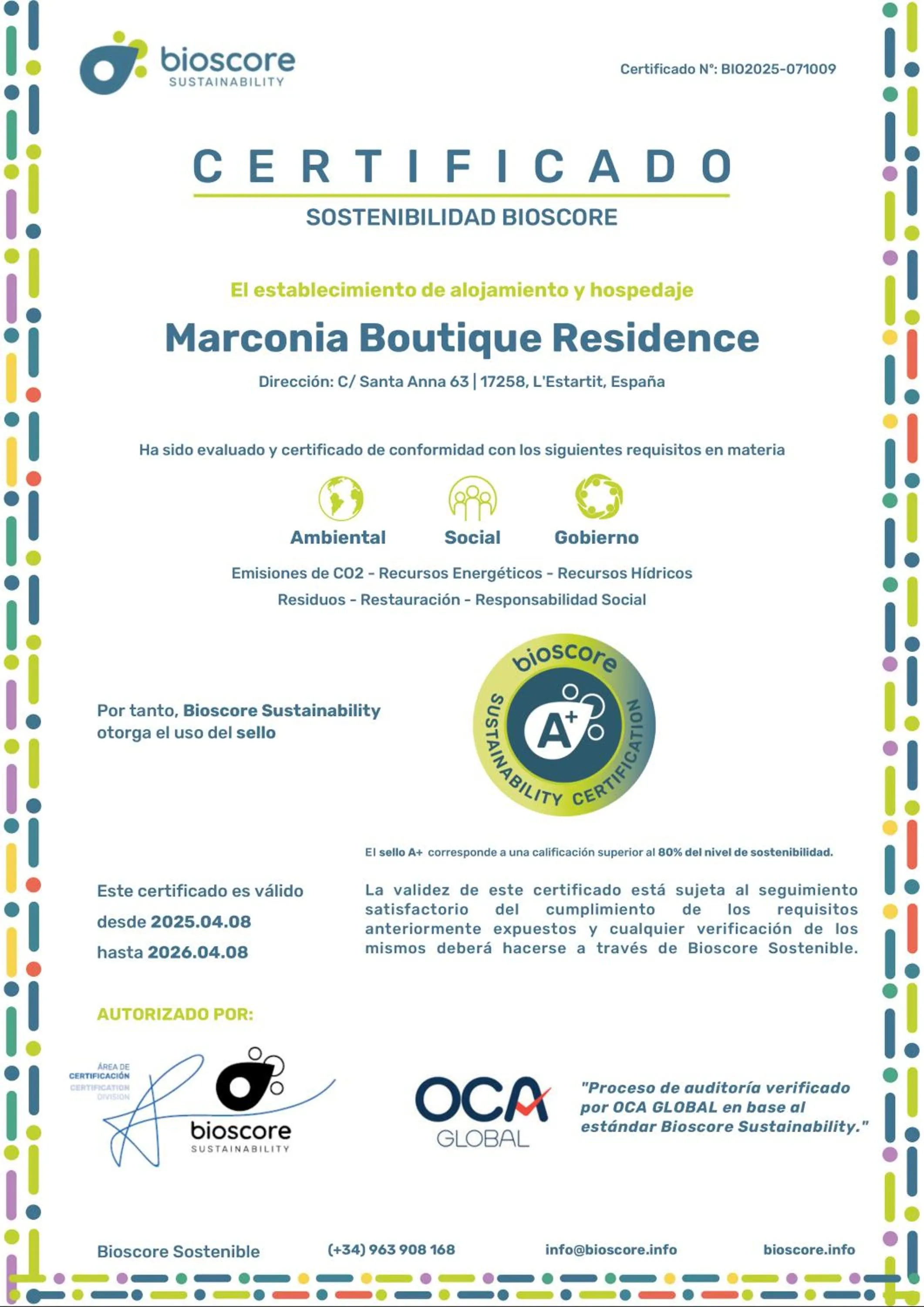 Certificate/Award in Marconia Boutique Residence
