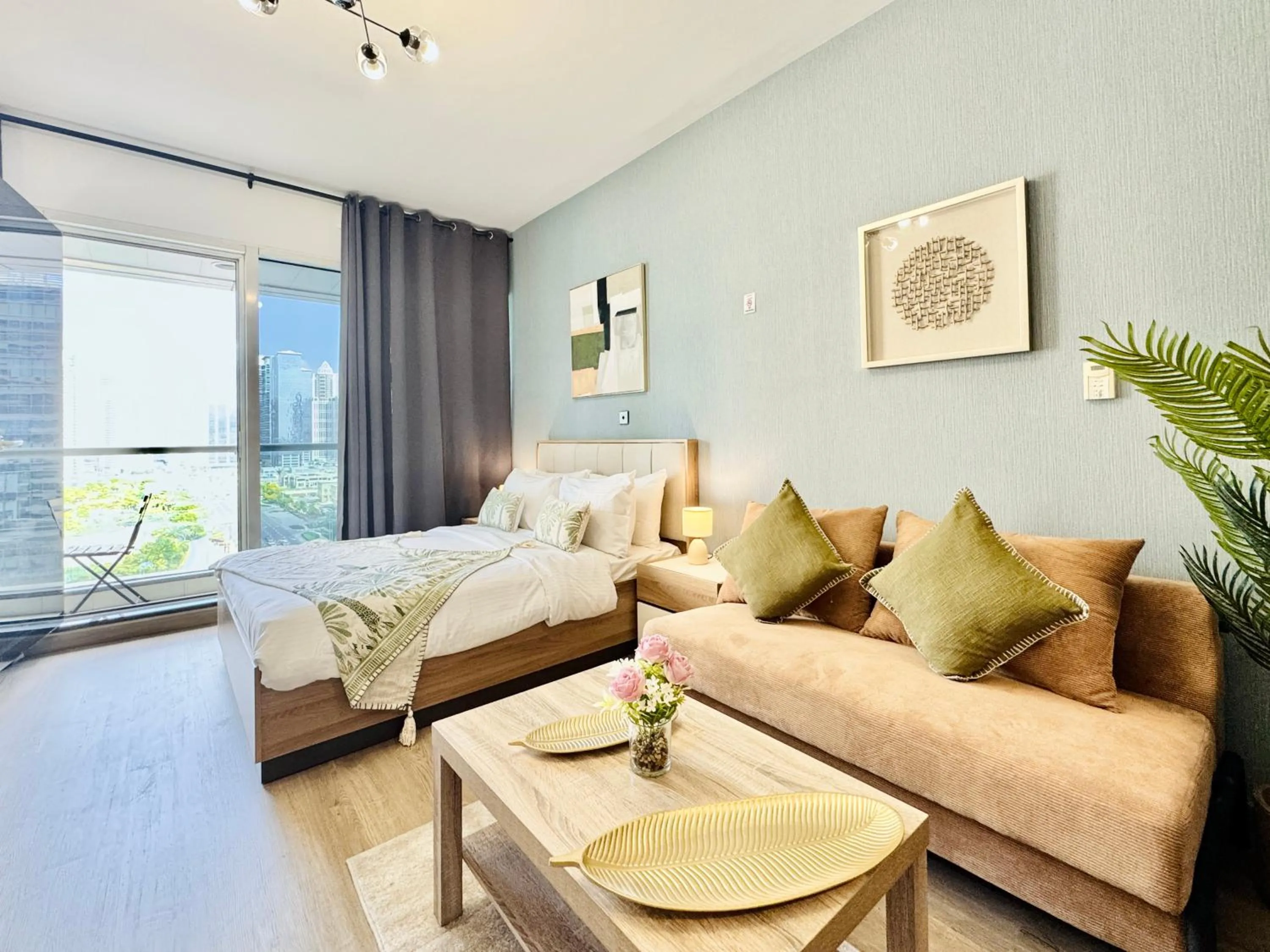 Bed in Cosmos Living Dubai Arch Tower Pool, Gym & Balcony