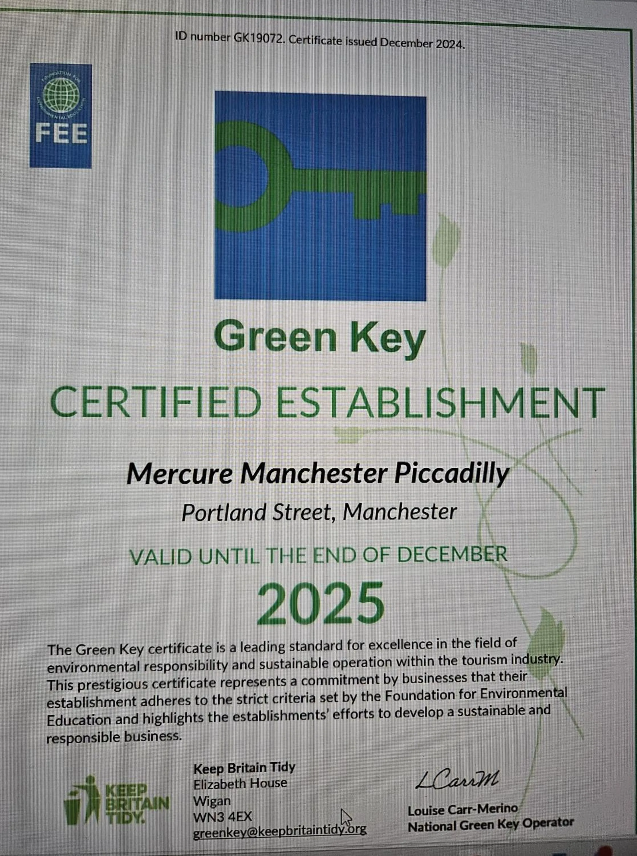 Certificate/Award in Mercure Manchester Piccadilly Hotel