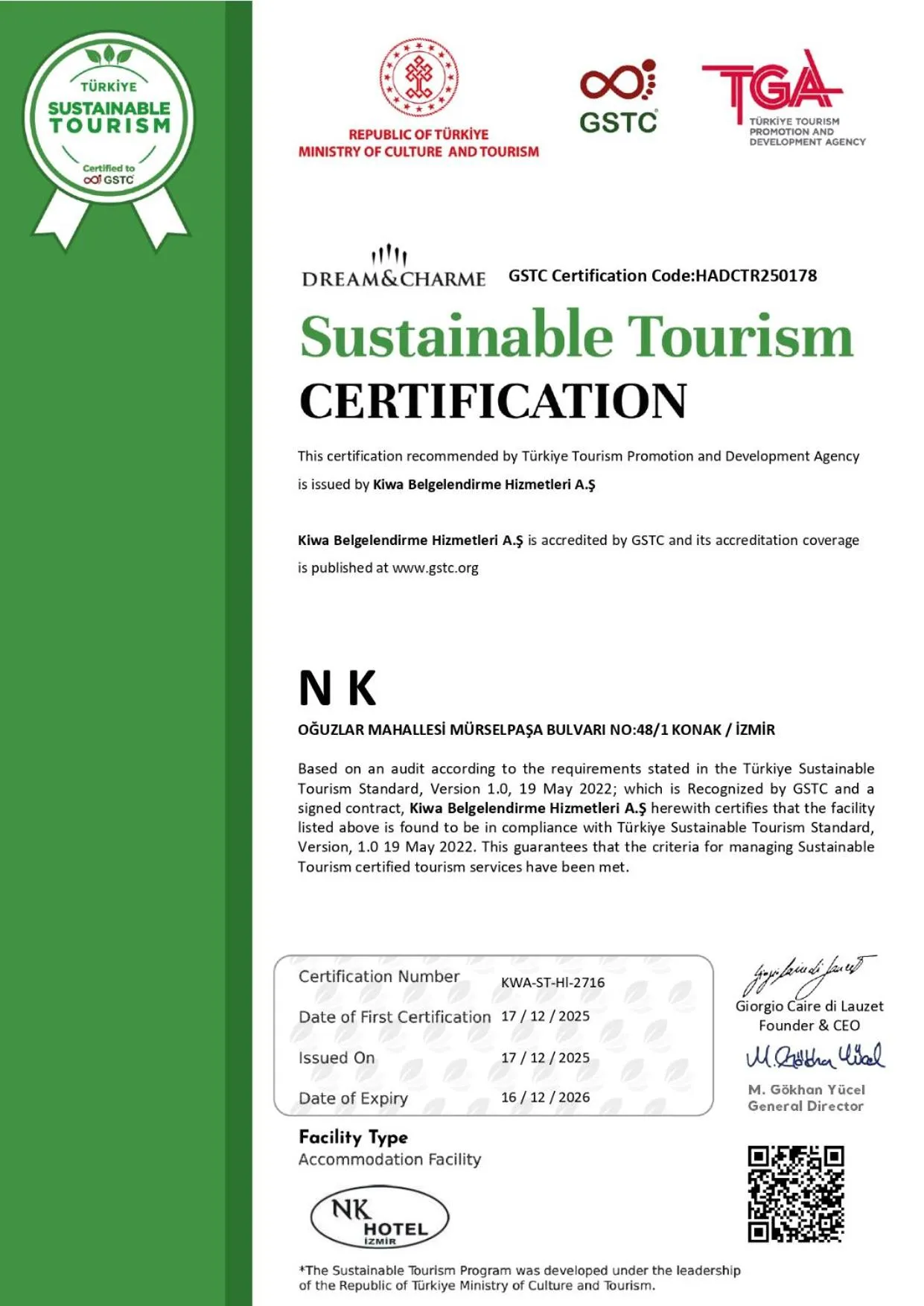 Certificate/Award in NK Hotel