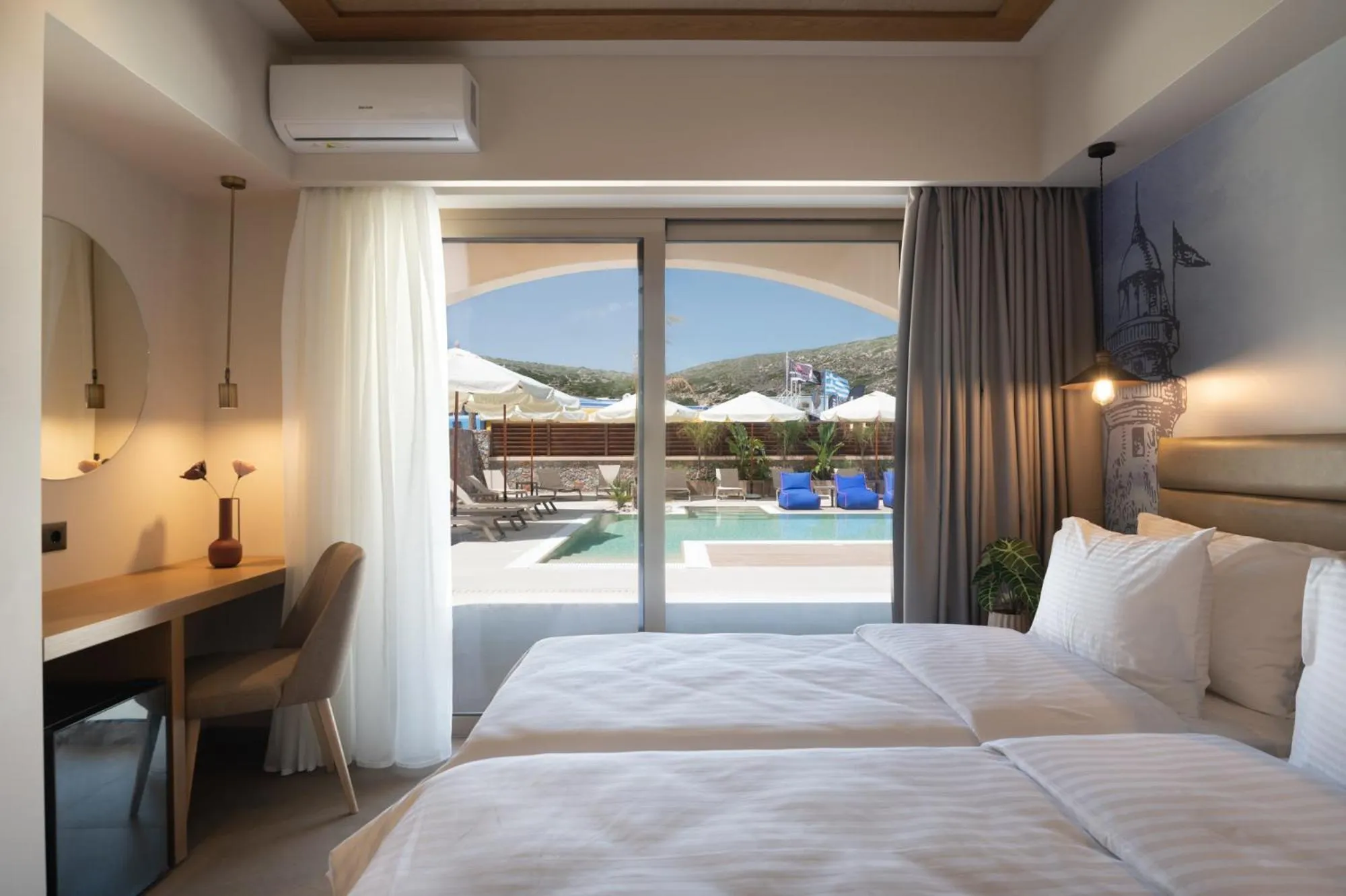 Bed in Prasonisi Light House Boutique Hotel