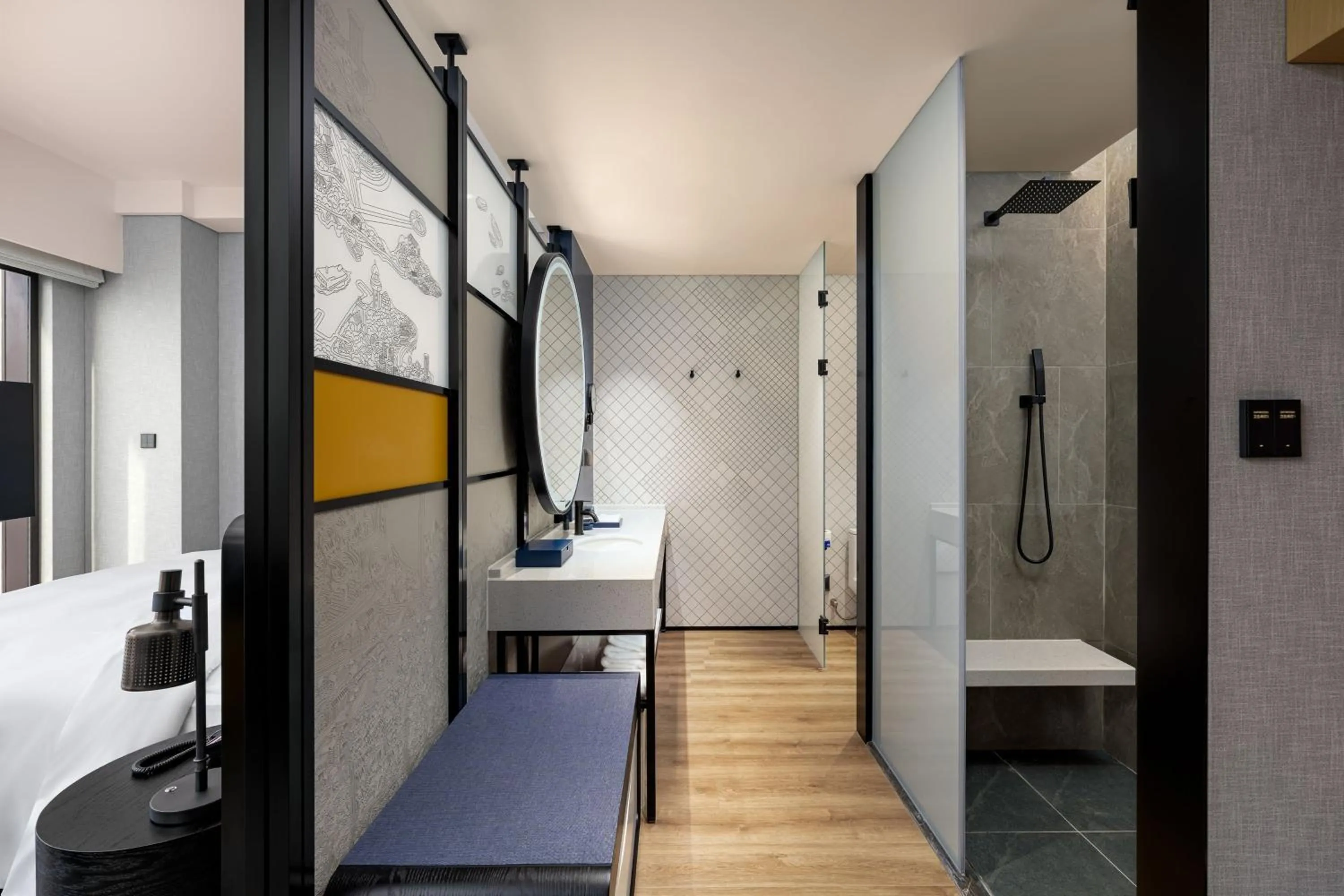 Bathroom, Bed in Aloft Yantai