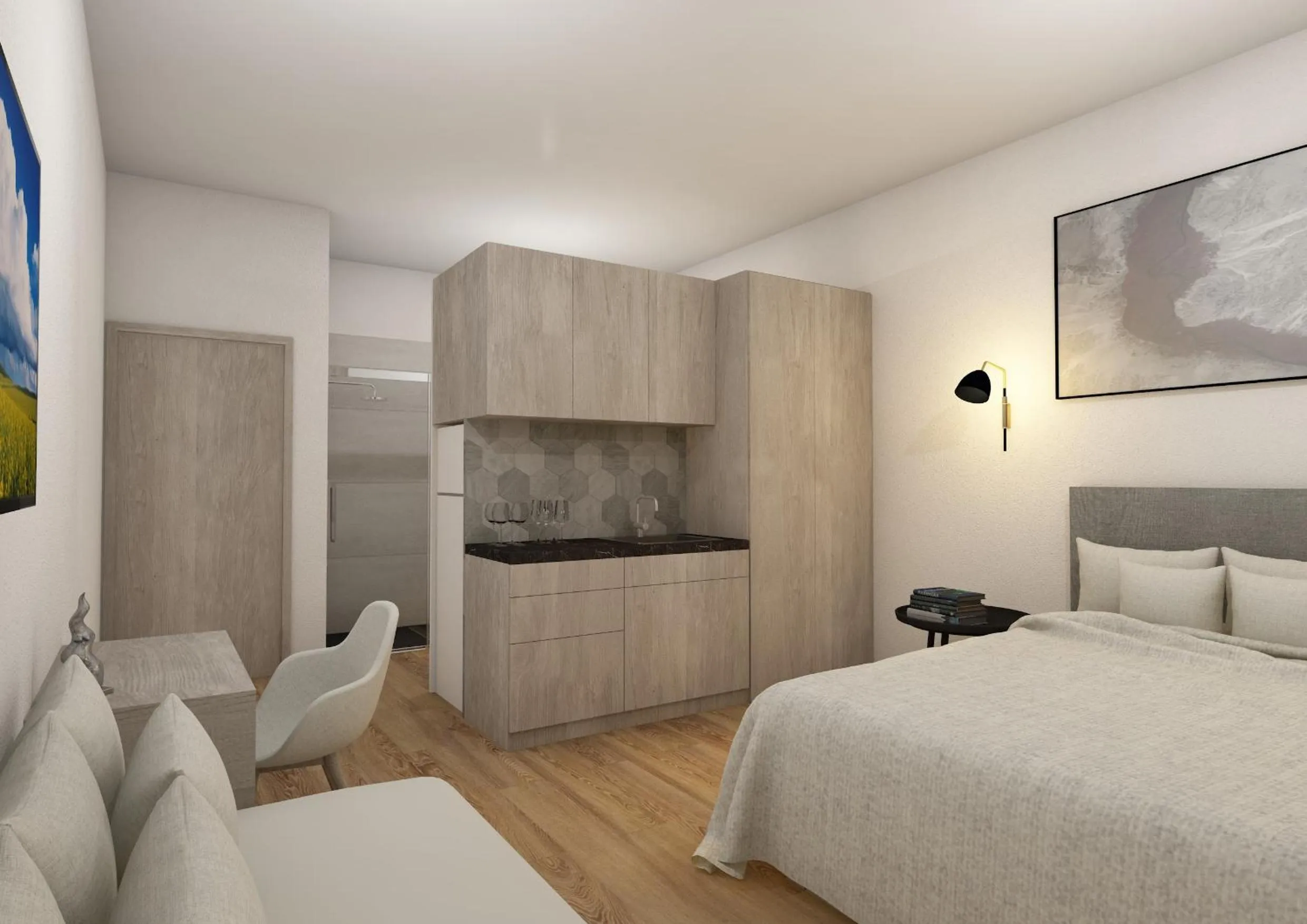 Kitchen or kitchenette, Bed in Stavento Hotel & Resort, new experience