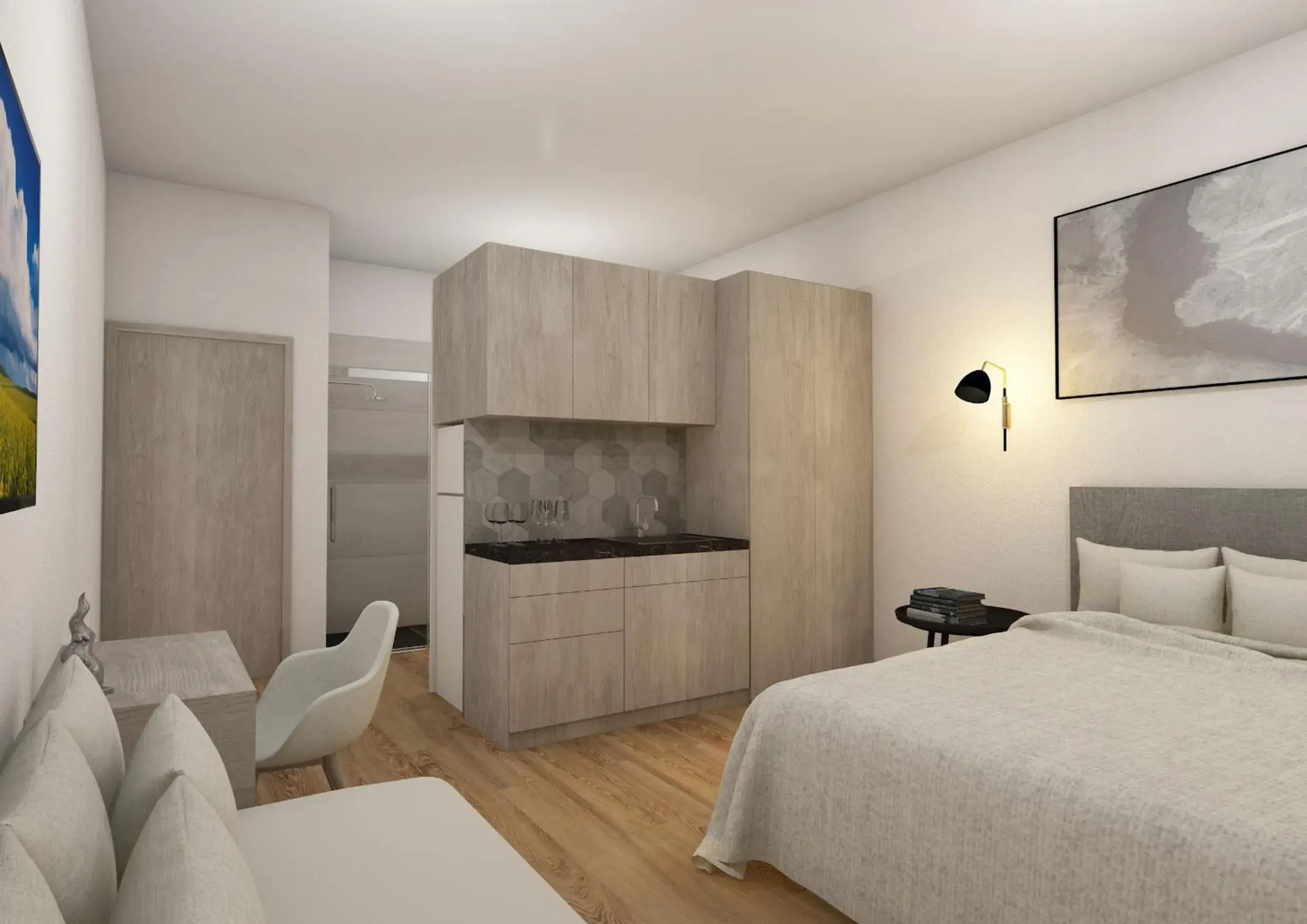 Kitchen or kitchenette, Bed in Stavento Hotel & Resort, new experience Kitchen or kitchenette, Bed in Stavento Hotel & Resort, new experience