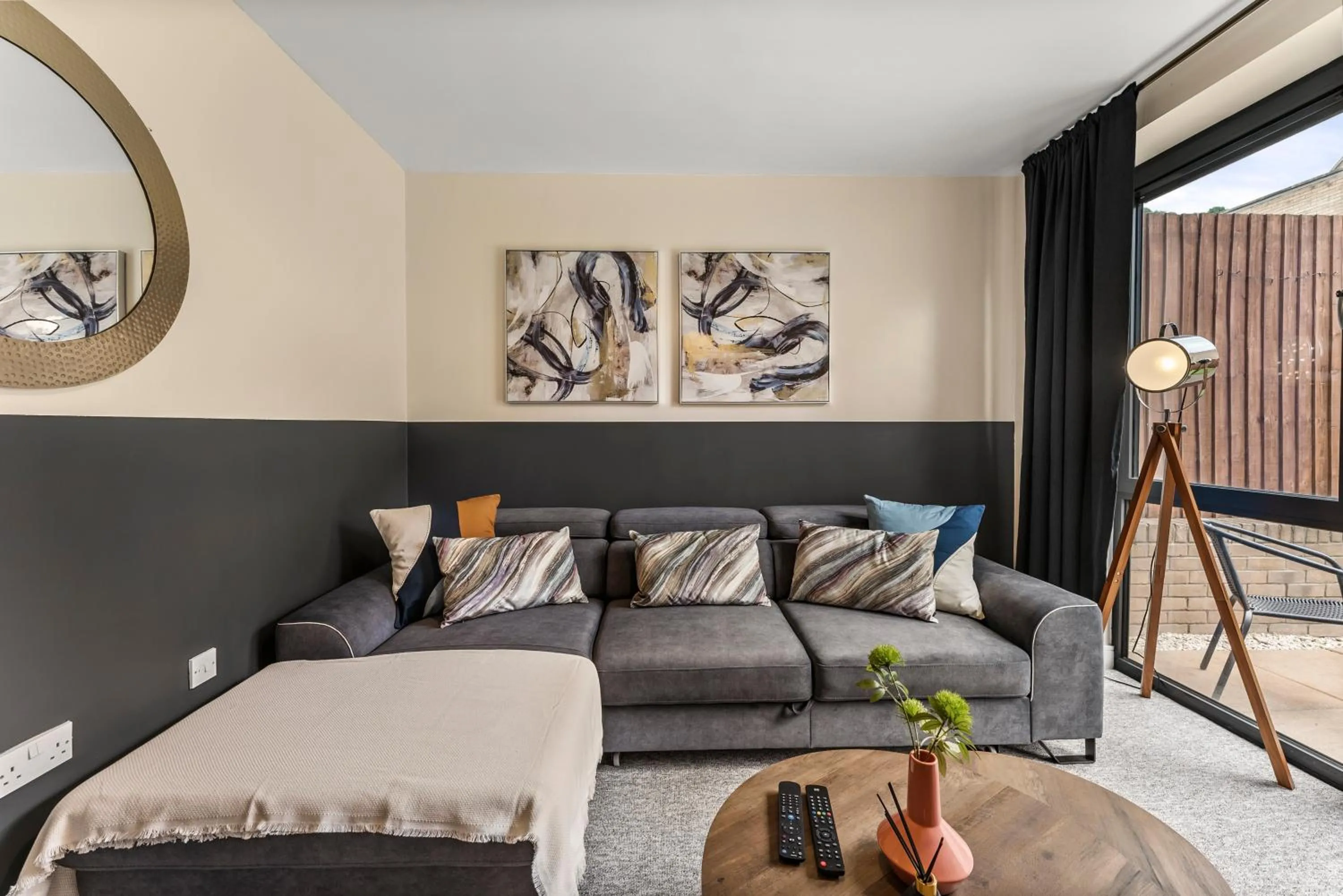 Living room, Bed in Sleek and Stylish 2 Bed with Garden and Parking