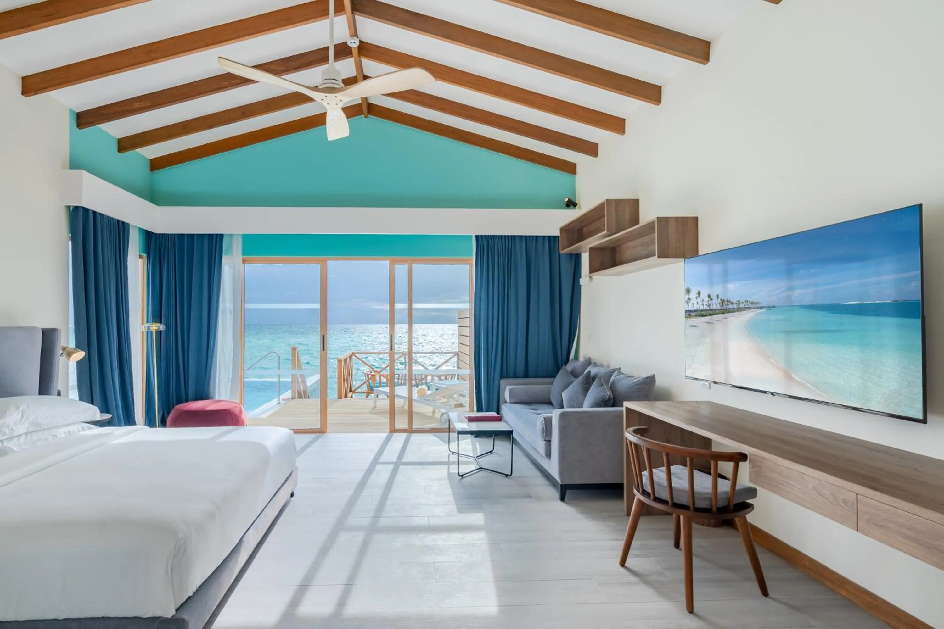 View (from property/room), Bed in Joy Island Maldives All Inclusive Resort