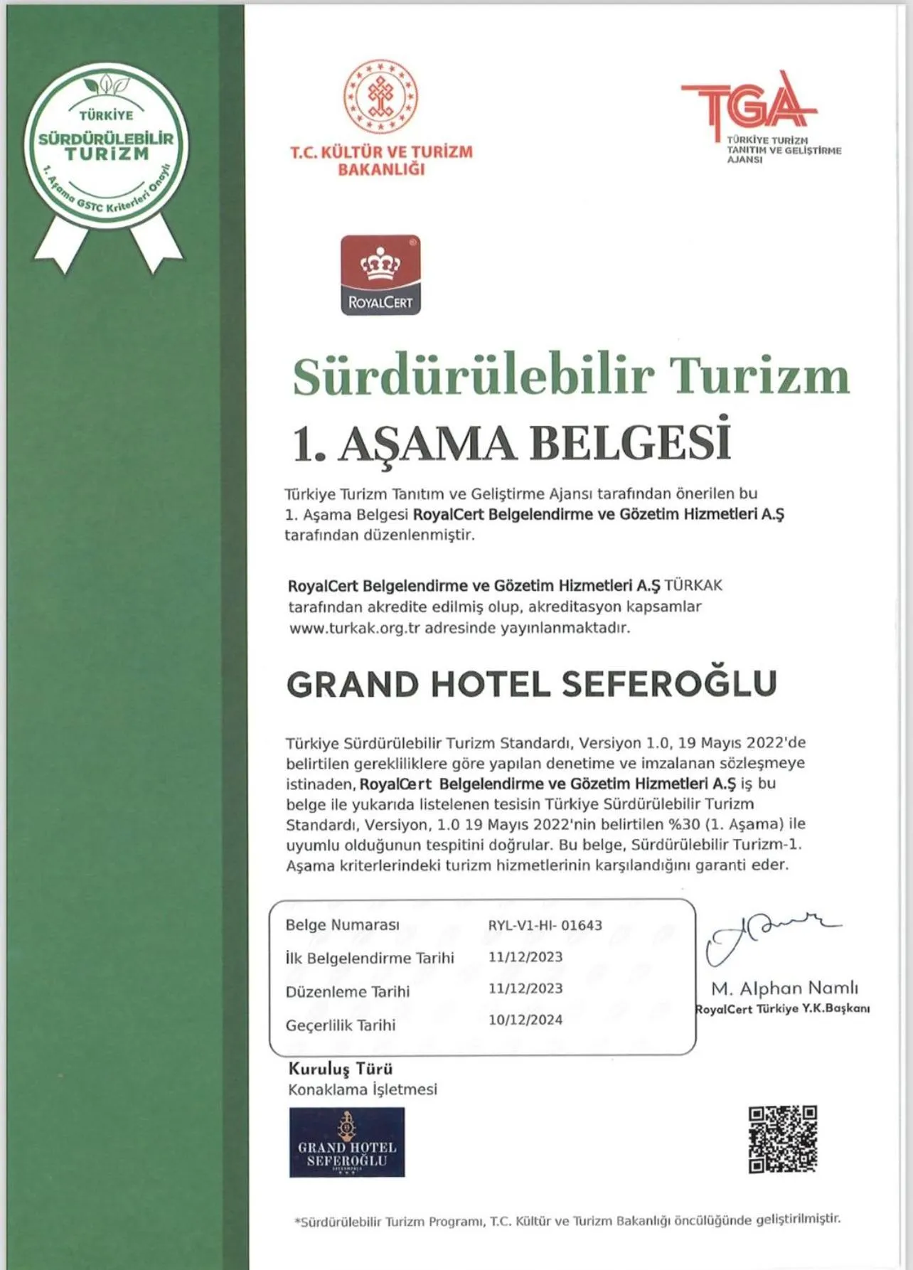 Logo/Certificate/Sign in Grand Hotel Seferoğlu