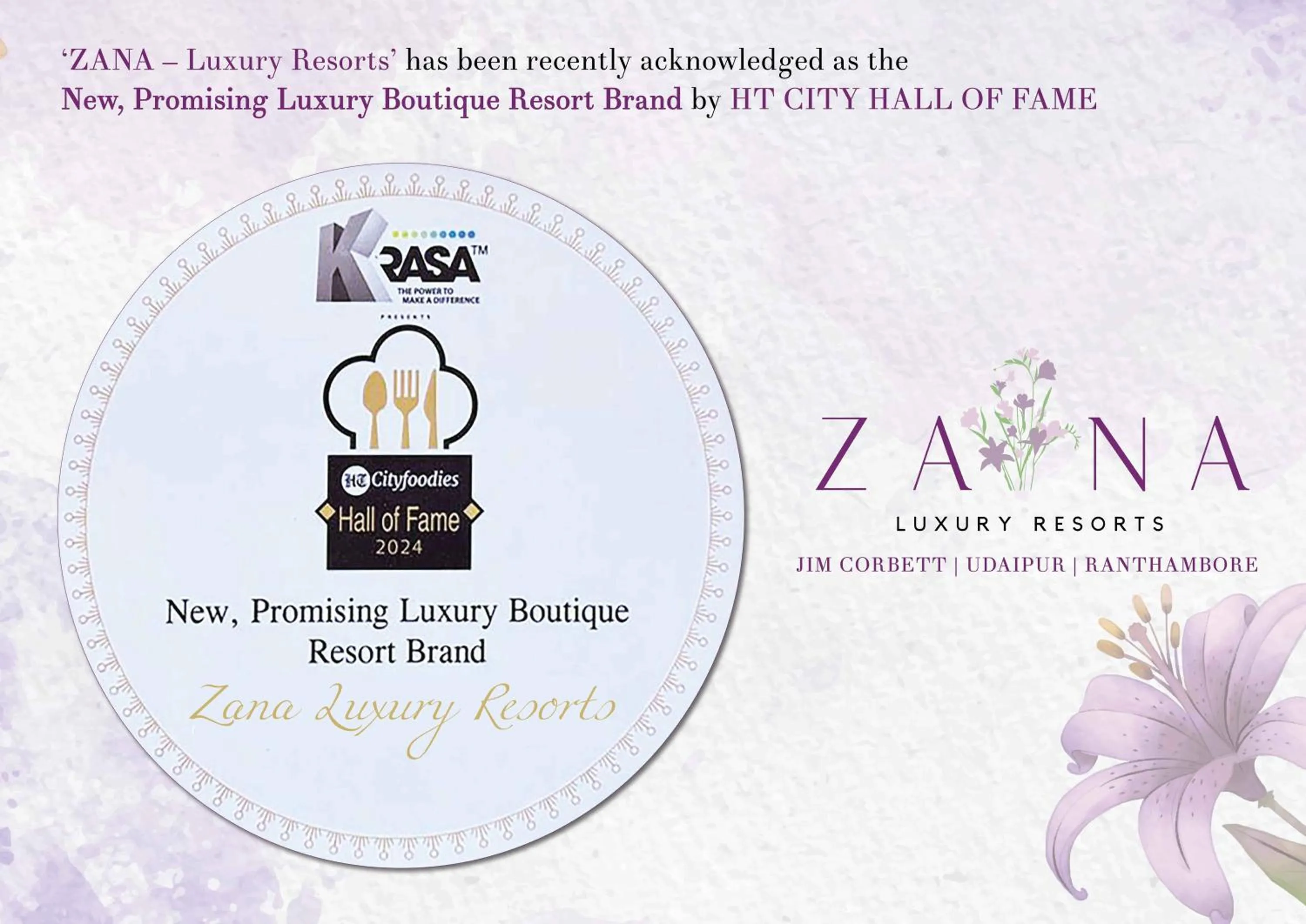 Certificate/Award in ZANA Luxury Forest Resort, Ranthambore