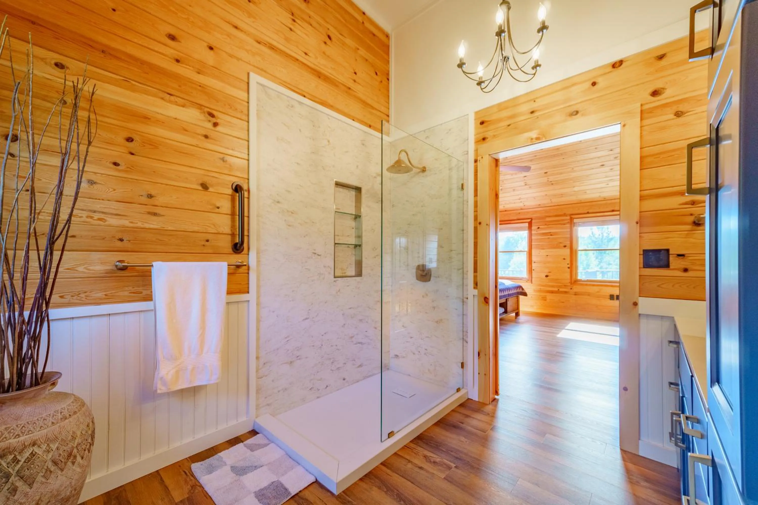 Shower in Adirondack Alpine Cabin with Hot Tub, Near Whiteface, Lake Placid, Game Rm, Fenced Yard, Views