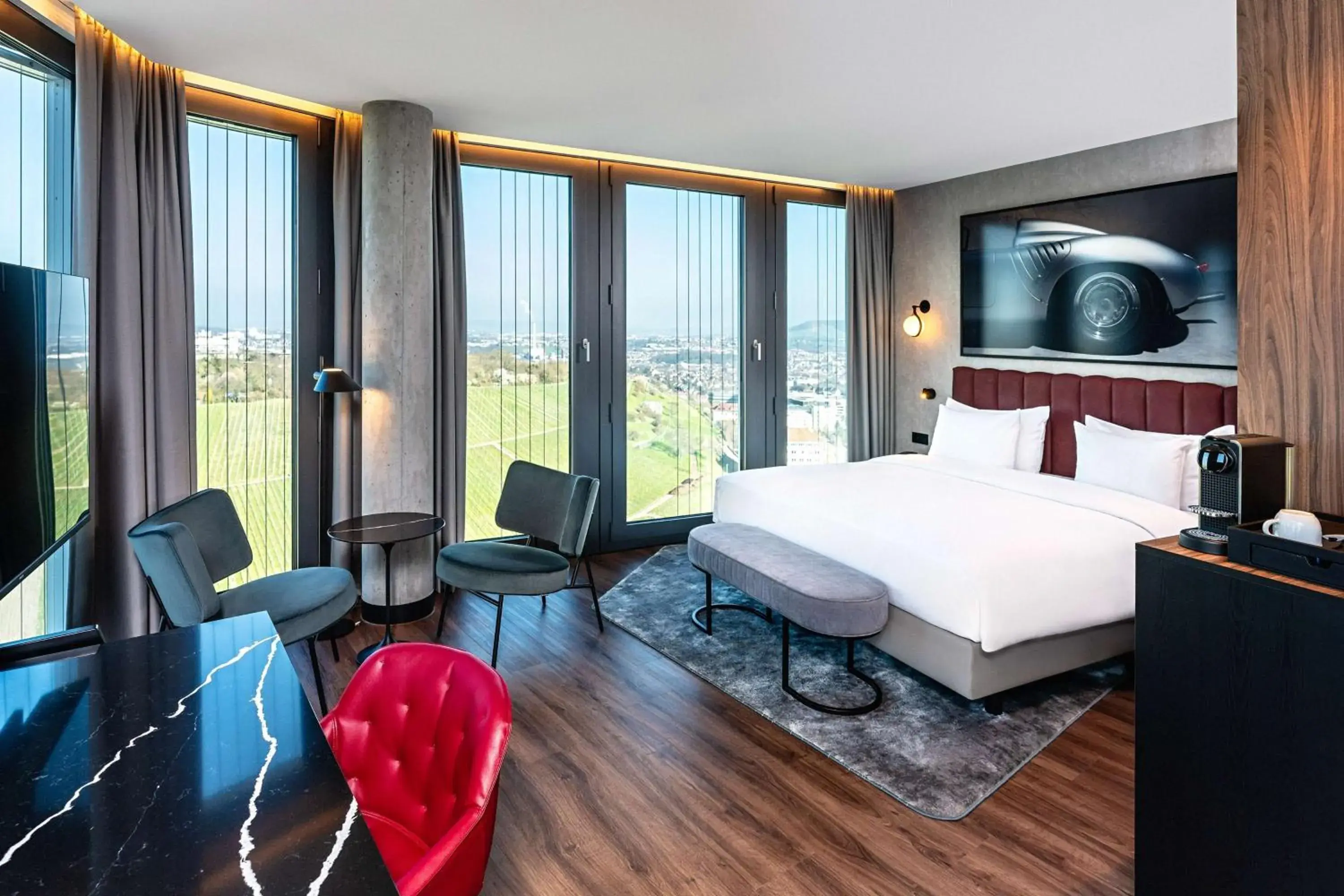 Bedroom, Bed in Radisson Blu Hotel at Porsche Design Tower Stuttgart Bedroom, Bed in Radisson Blu Hotel at Porsche Design Tower Stuttgart