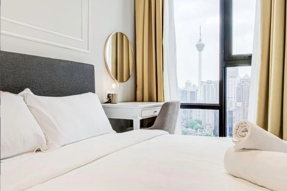 Bedroom, Bed in Axon Residence at Pavilion KLCC KL Tower view by KIMIRO