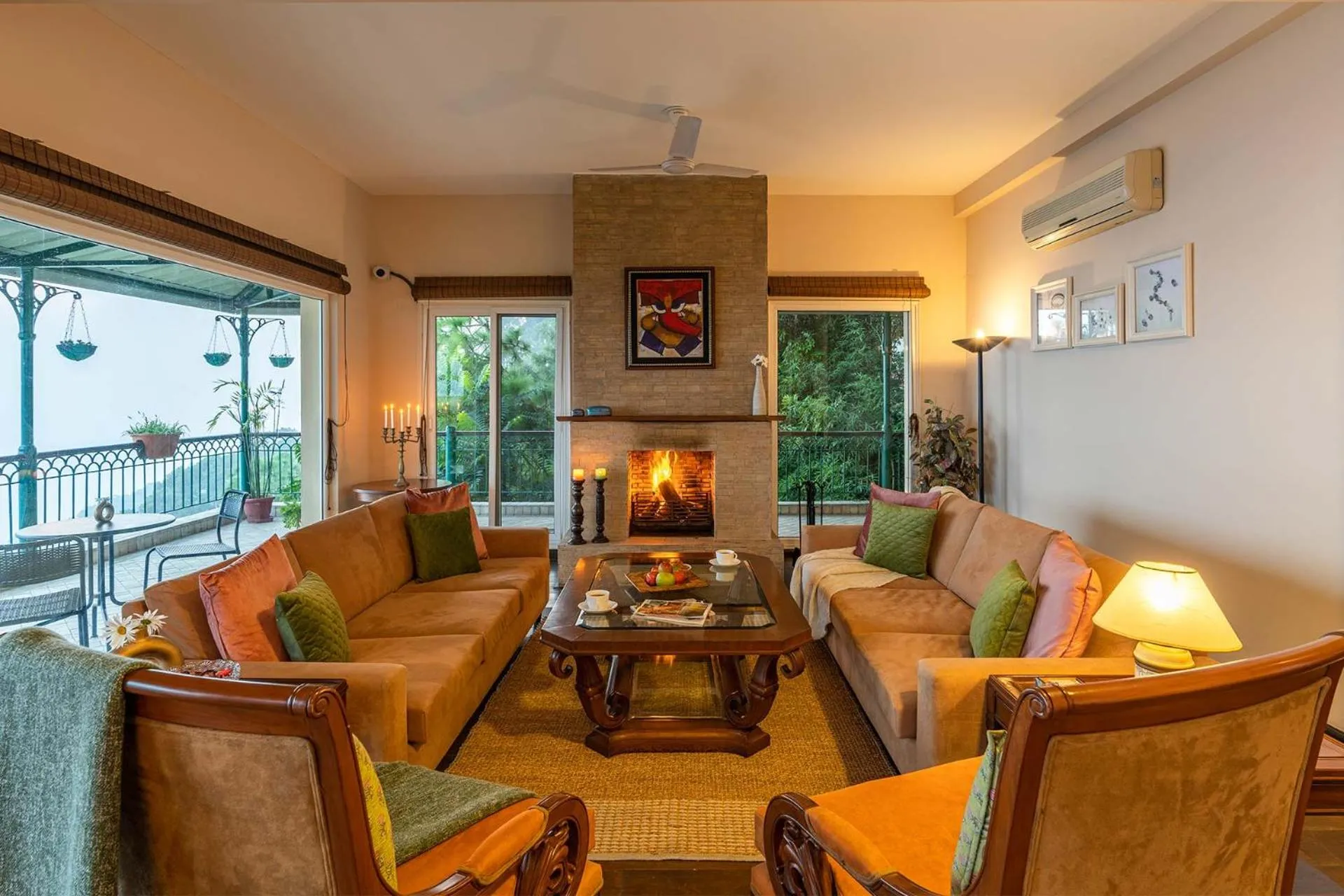 Living room in StayVista at Ludlow House Luxury Villa with Lawn & Fireplace at Mall Road