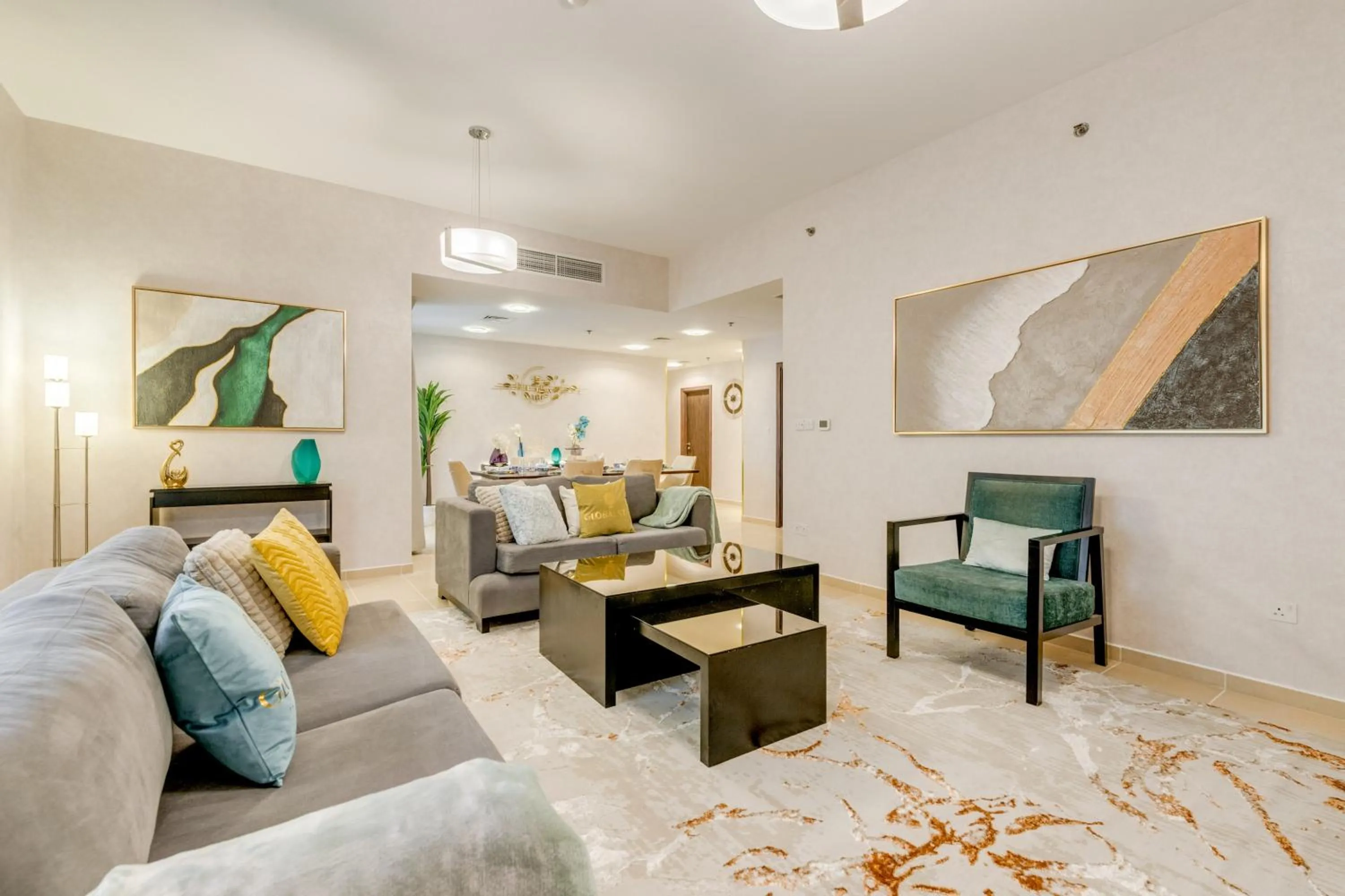 Living room in GLOBALSTAY. Modern Apartments steps to JBR Beach