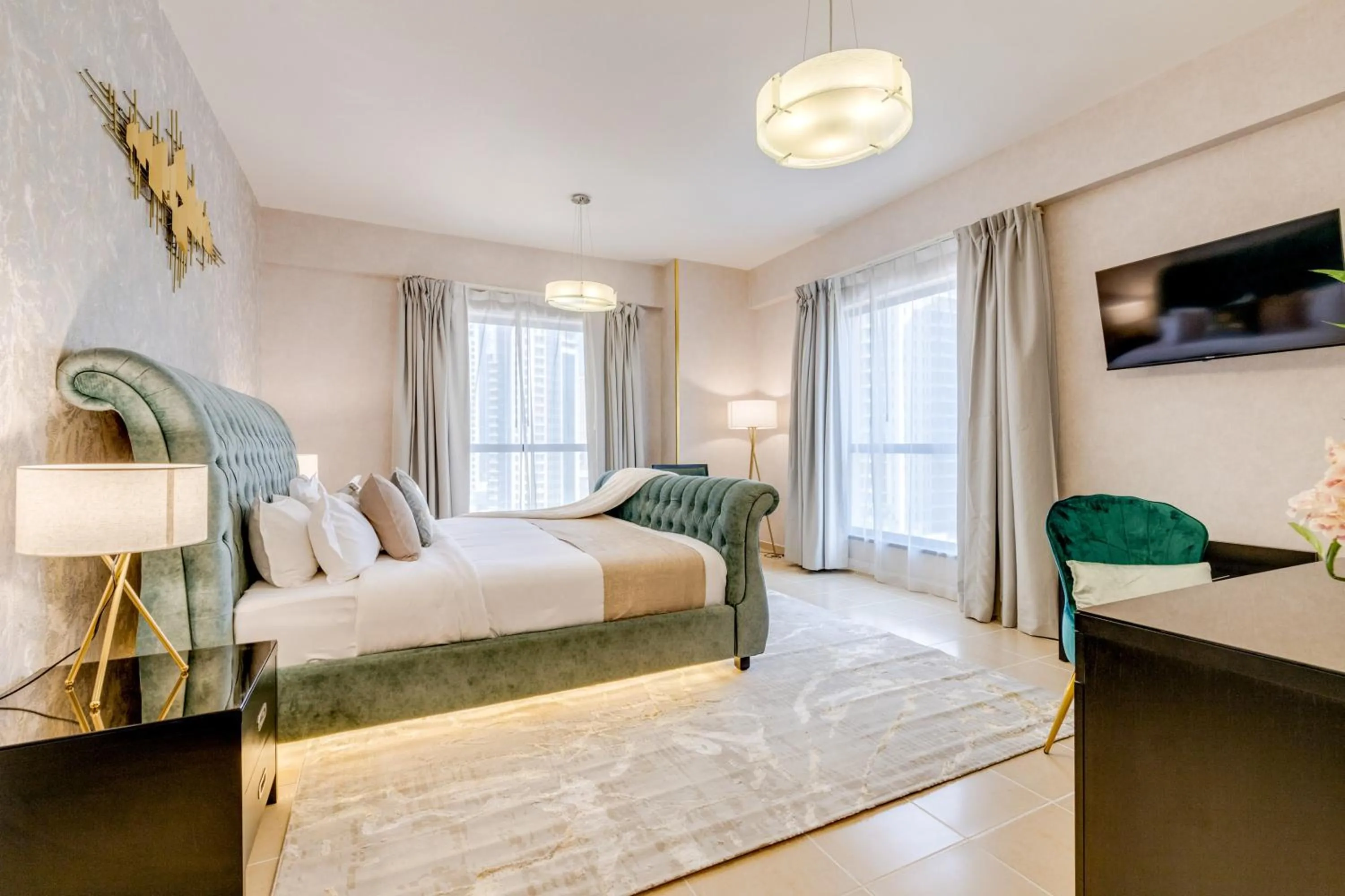 Bed in GLOBALSTAY. Modern Apartments steps to JBR Beach