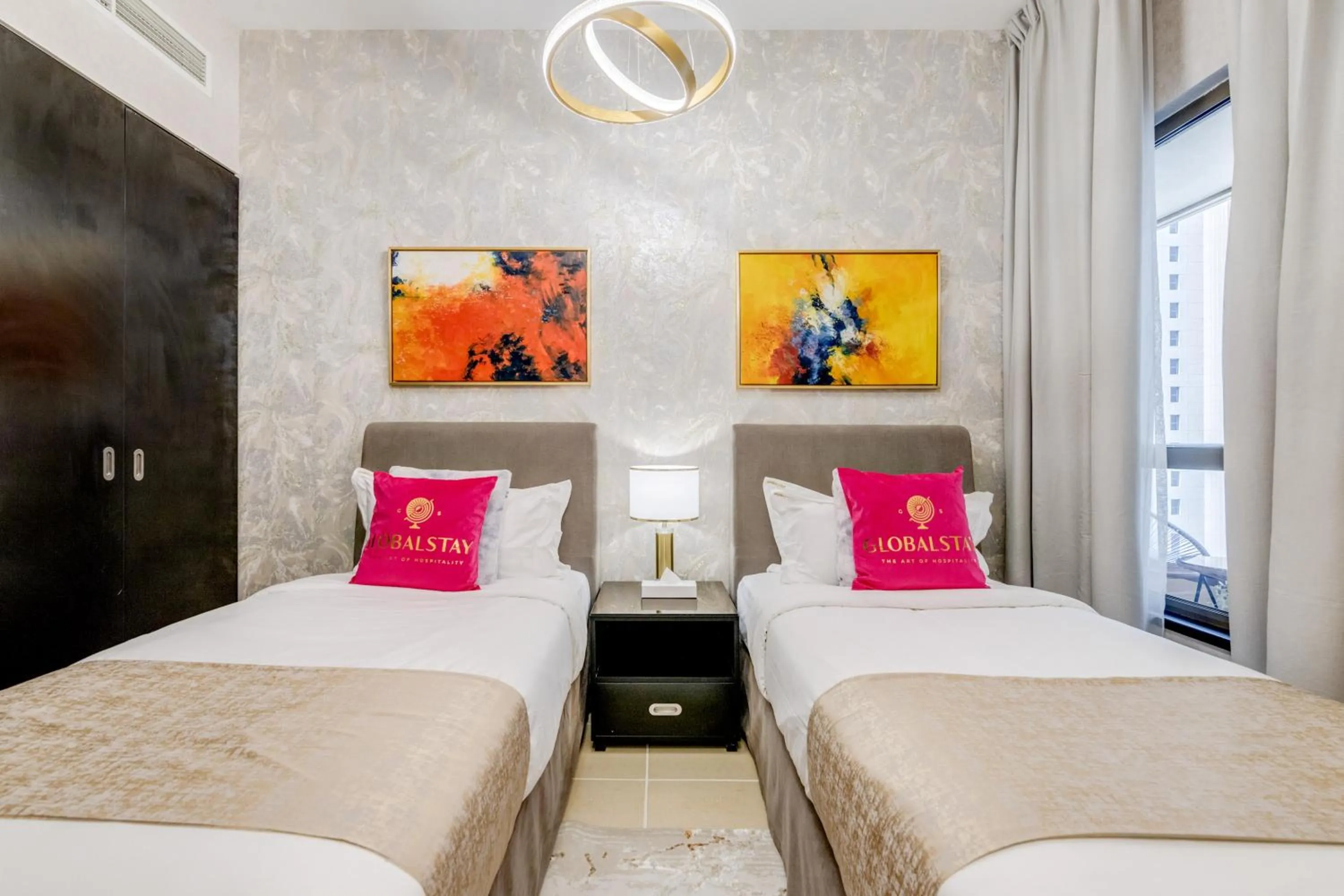 Bed in GLOBALSTAY. Modern Apartments steps to JBR Beach