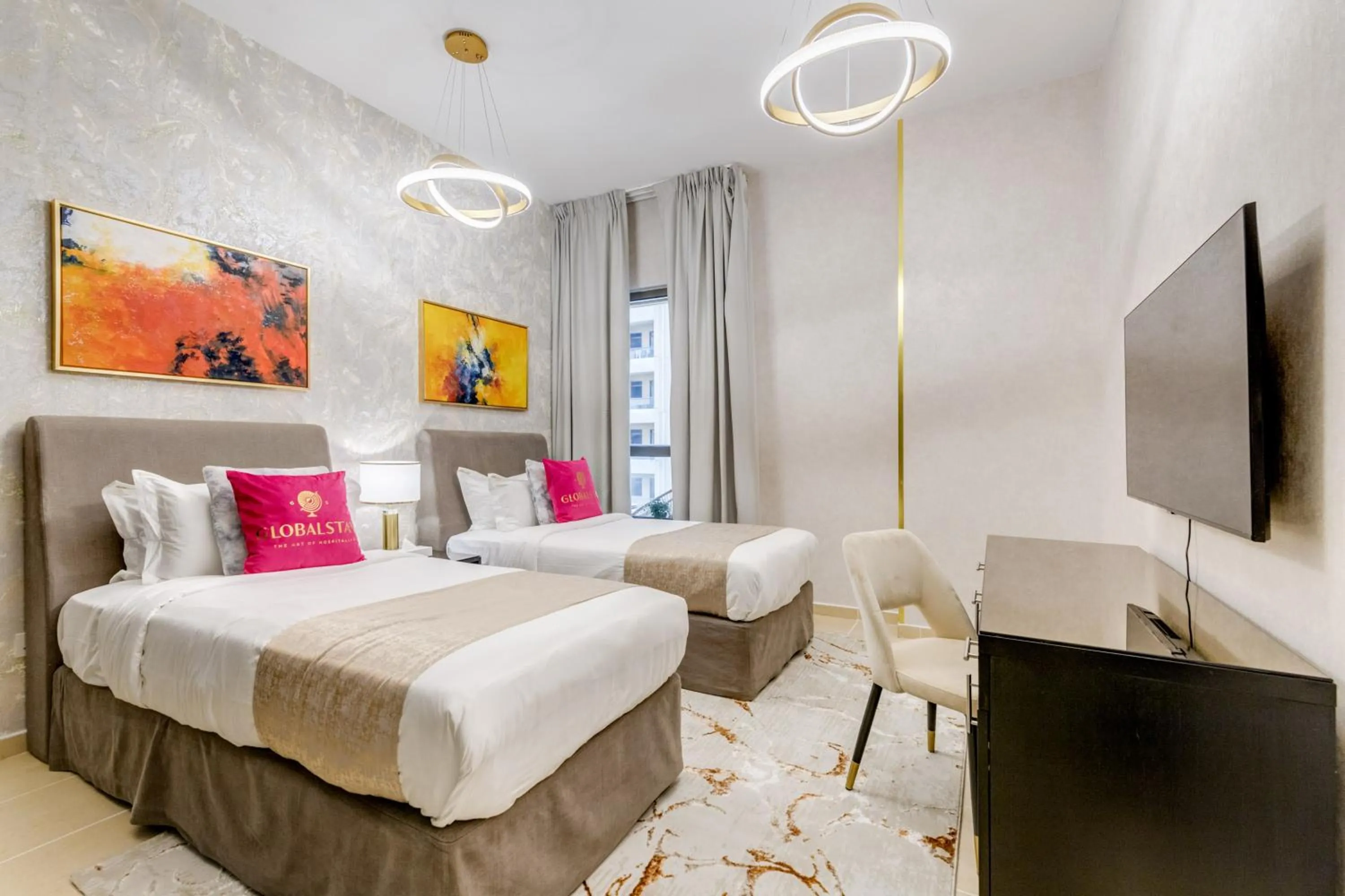 Bed in GLOBALSTAY. Modern Apartments steps to JBR Beach