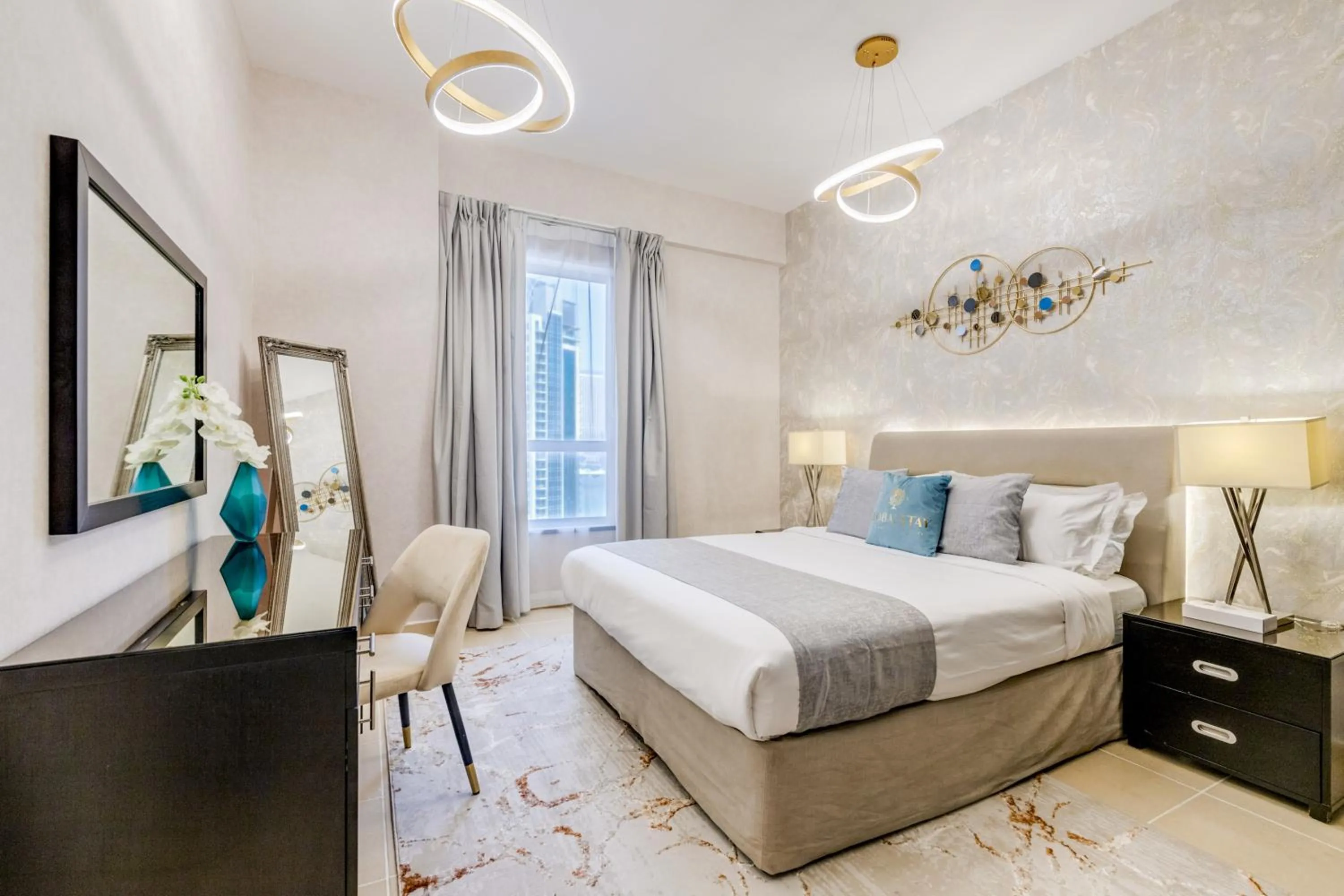 Bed in GLOBALSTAY. Modern Apartments steps to JBR Beach