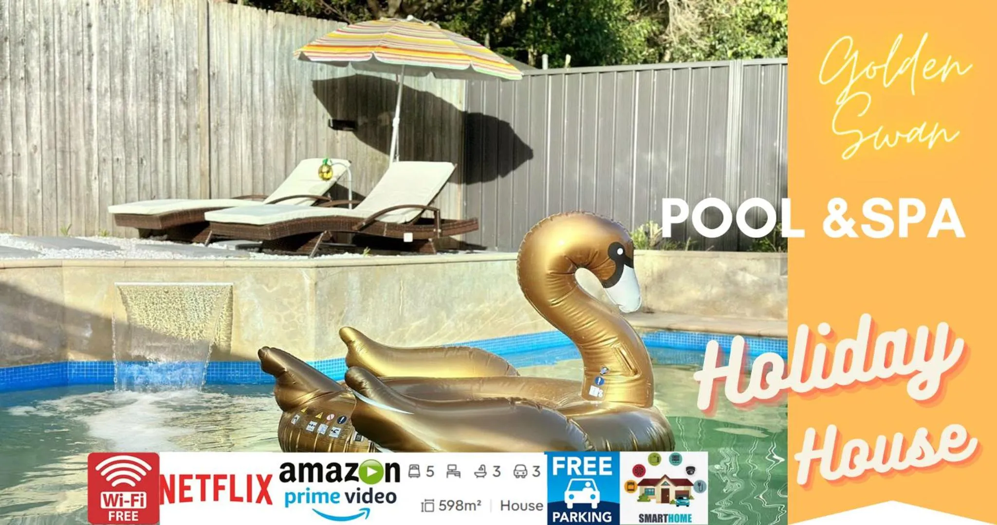 Pool - Arcade Games - Heated toilet seat - Air Conditioning- Hot Tub Spa - Electrical BBQ Grill at Golden Swan Holiday House