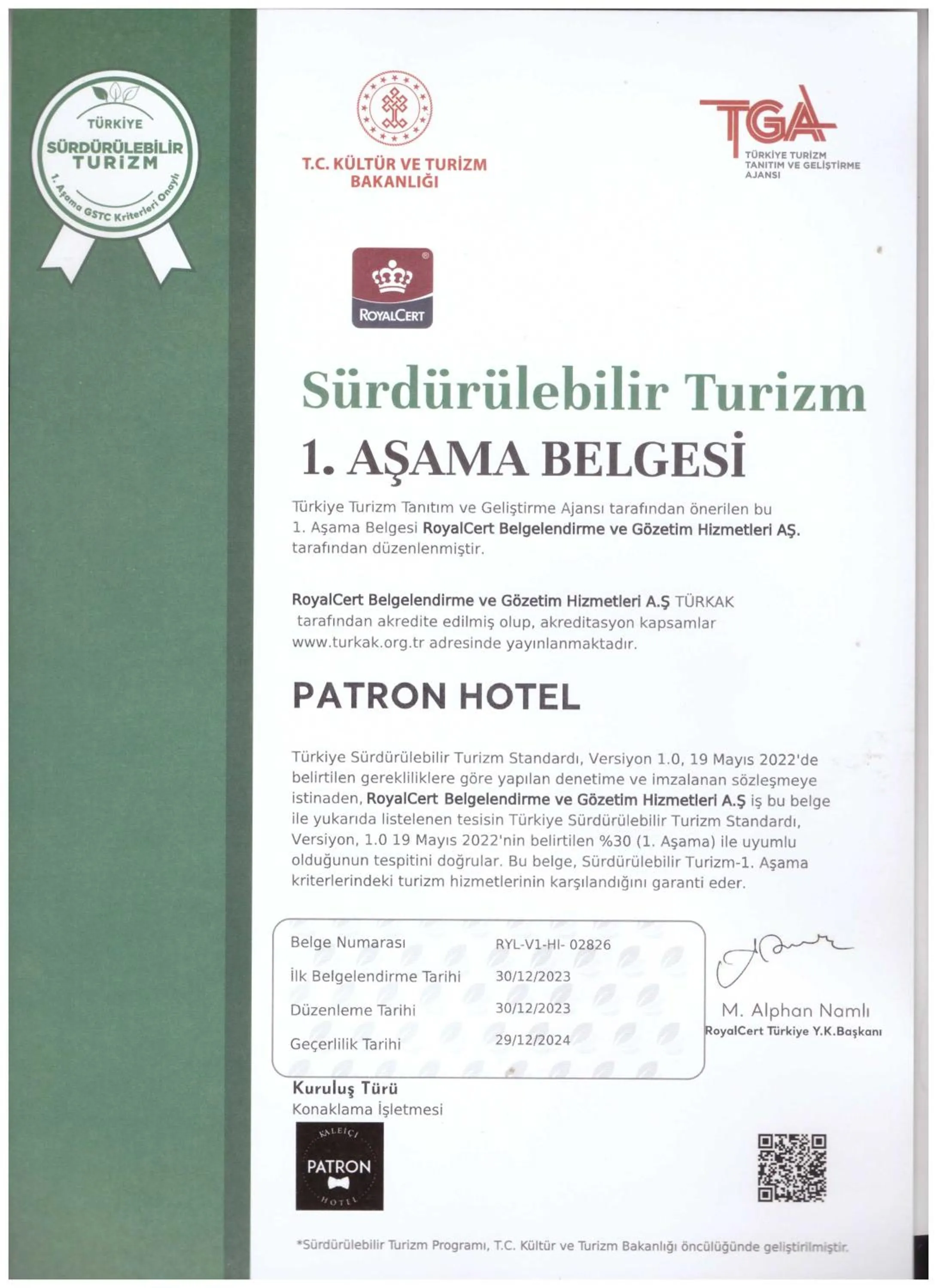Certificate/Award in Patron Hotel