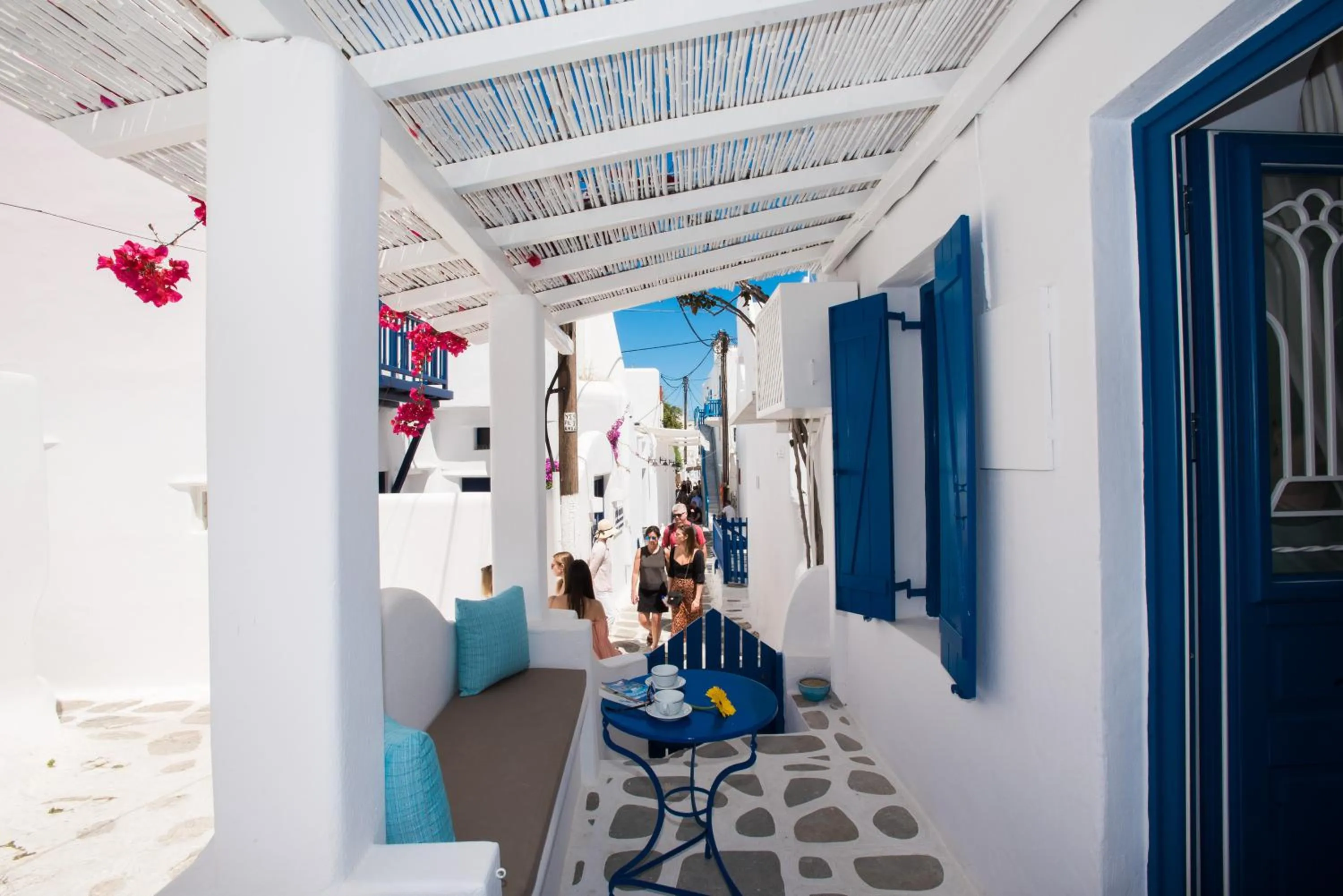 Seating area in Eleanna's Mykonos